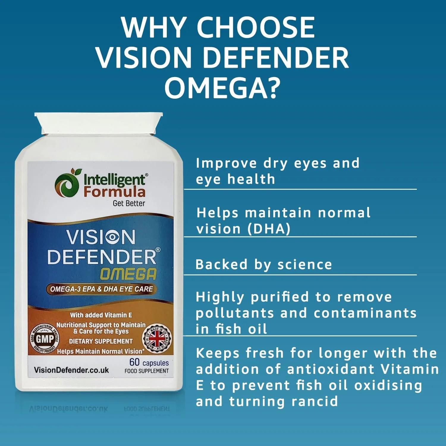 مکمل چشم VISION DEFENDER OMEGA: مراقبت و تسکین برای خشکی چشم، بهبود سلامت چشم - روغن ماهی امگا 3 خالص با قدرت بالا 1000 میلی گرم (400 میلی گرم EPA، 200 میلی گرم DHA در هر کپسول) + ویتامین E (60 سافت ژل) ساخت انگلستان مکمل چشم VISION DEFENDER OMEGA: مراقبت و تسکین برای خشکی چشم، بهبود سلامت چشم - روغن ماهی امگا 3 خالص با قدرت بالا 1000 میلی گرم (400 میلی گرم EPA، 200 میلی گرم DHA در هر کپسول) + ویتامین E (60 سافت ژل) ساخت انگلستان