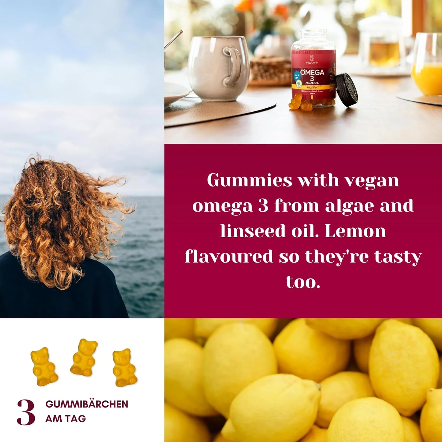 ویتامین های امگا 3 گیاهی - مکمل امگا 3 گیاهی جلبکی برای کودکان و بزرگسالان - EPA و DHA - 60 پاستیل با رنگ طبیعی و طعم لیمو و بدون طعم ماهی - روغن جلبک امگا 3 ساخت آلمان