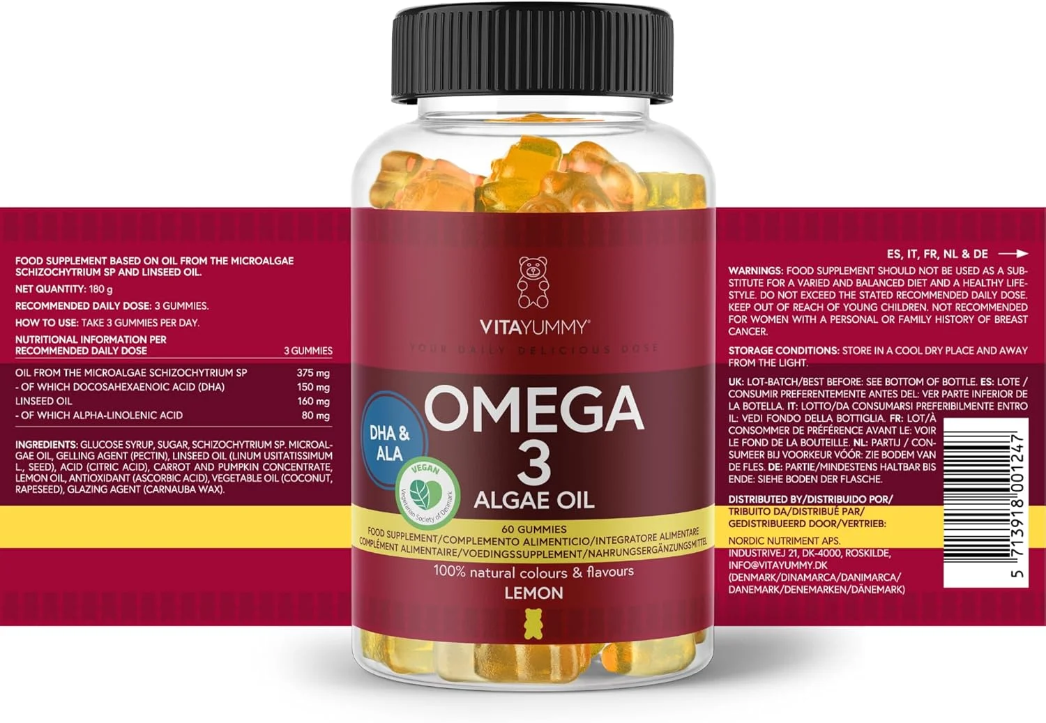 ویتامین های امگا 3 گیاهی - مکمل امگا 3 گیاهی جلبکی برای کودکان و بزرگسالان - EPA و DHA - 60 پاستیل با رنگ طبیعی و طعم لیمو و بدون طعم ماهی - روغن جلبک امگا 3 ساخت آلمان