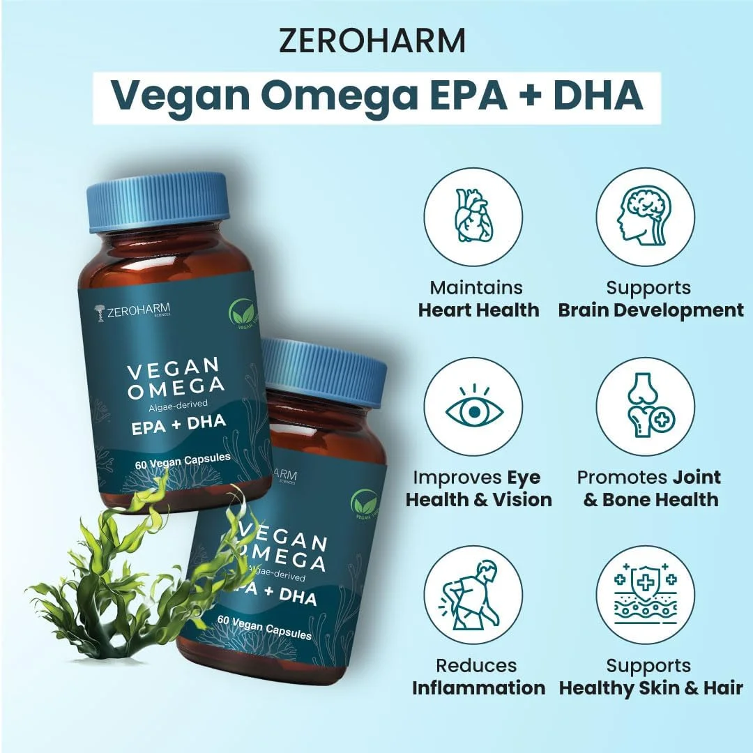 کپسول های امگا EPA + DHA وگان ZEROHARM - امگا 3 مشتق شده از جلبک 100% گیاهی (غیر ماهی) - پشتیبانی از سلامت قلب، مغز، چشم و مفاصل - برای مردان، زنان و کودکان - 60 کپسول وگان