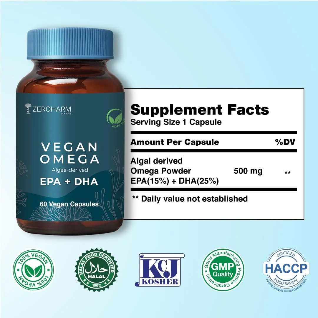 کپسول های امگا EPA + DHA وگان ZEROHARM - امگا 3 مشتق شده از جلبک 100% گیاهی (غیر ماهی) - پشتیبانی از سلامت قلب، مغز، چشم و مفاصل - برای مردان، زنان و کودکان - 60 کپسول وگان