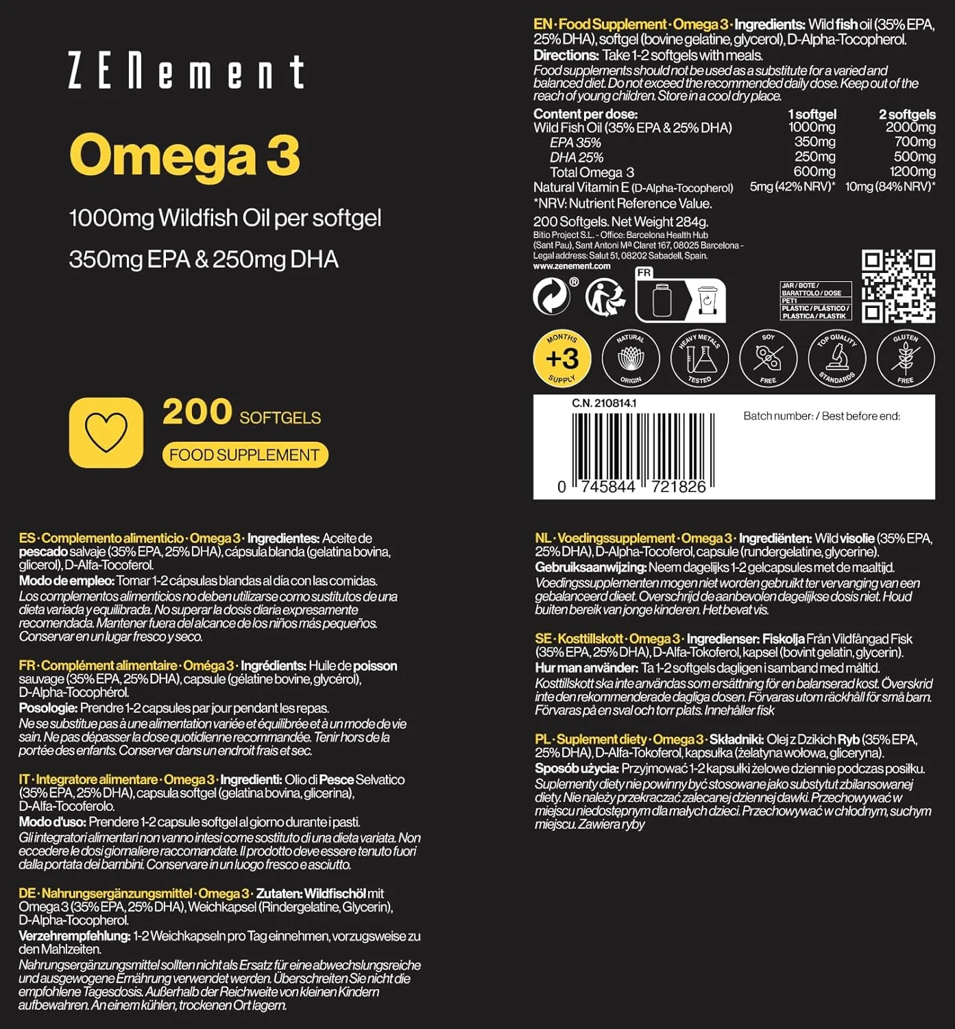 روغن ماهی امگا 3 Zenement | 200 سافت ژل x 1000 میلی گرم | بالاترین غلظت: 35% EPA + 25% DHA | 100% طبیعی