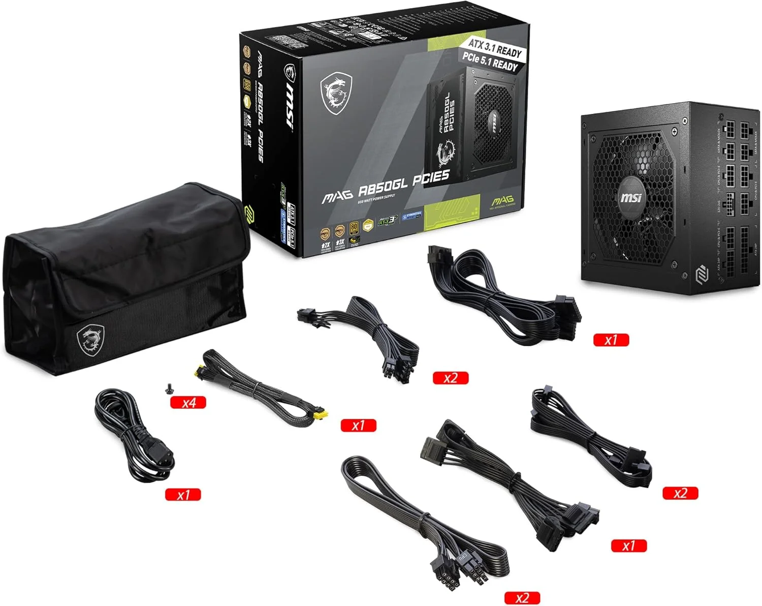 منبع تغذیه گیمینگ MSI MAG A850GL PCIE 5.1 & ATX 3.1 - کاملا ماژولار - دارای گواهینامه 80 پلاس گلد 850 وات - اندازه جمع و جور - ATX PSU - 10 سال