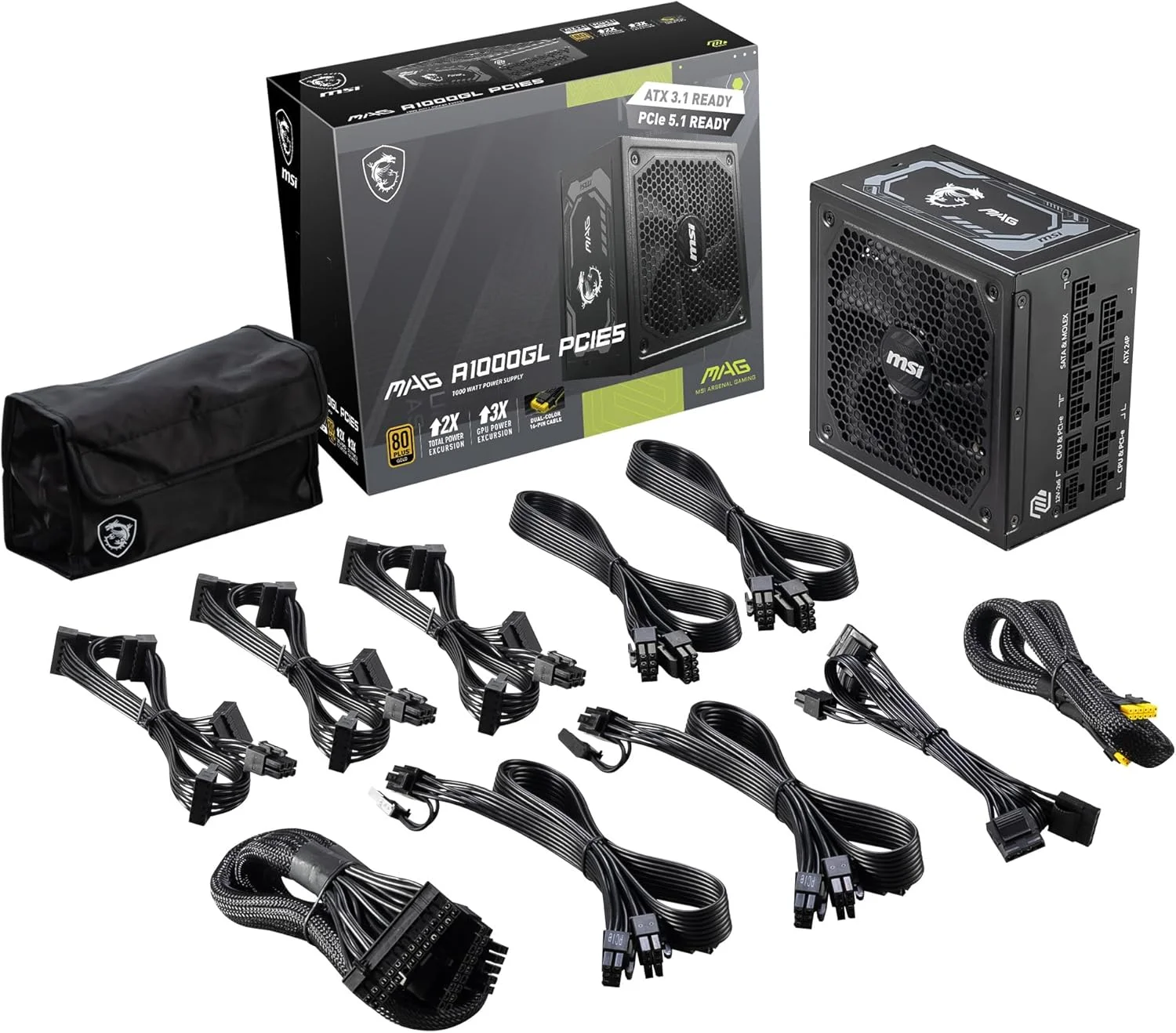 منبع تغذیه ماژولار 1000 واتی MSI MAG A1000GL PCIE5 80 PLUS Gold - مشکی | 306-7ZP9B18-CE0