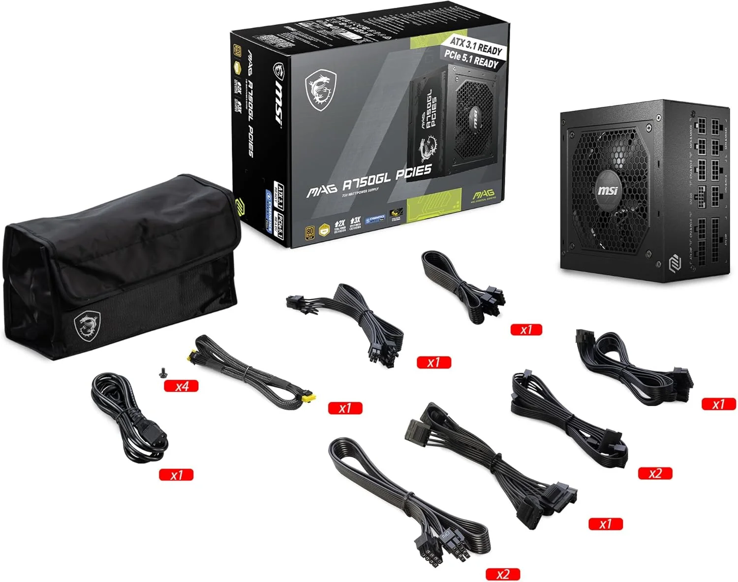 منبع تغذیه 750 واتی MSI MAG با گواهینامه 80 پلاس گلد - طراحی کانکتور 16 پین - طراحی کاملاً ماژولار - محافظت در سطح صنعتی با OVP، OCP، OPP، OTP، SCP، UVP [MAG A750GL PCIE5]