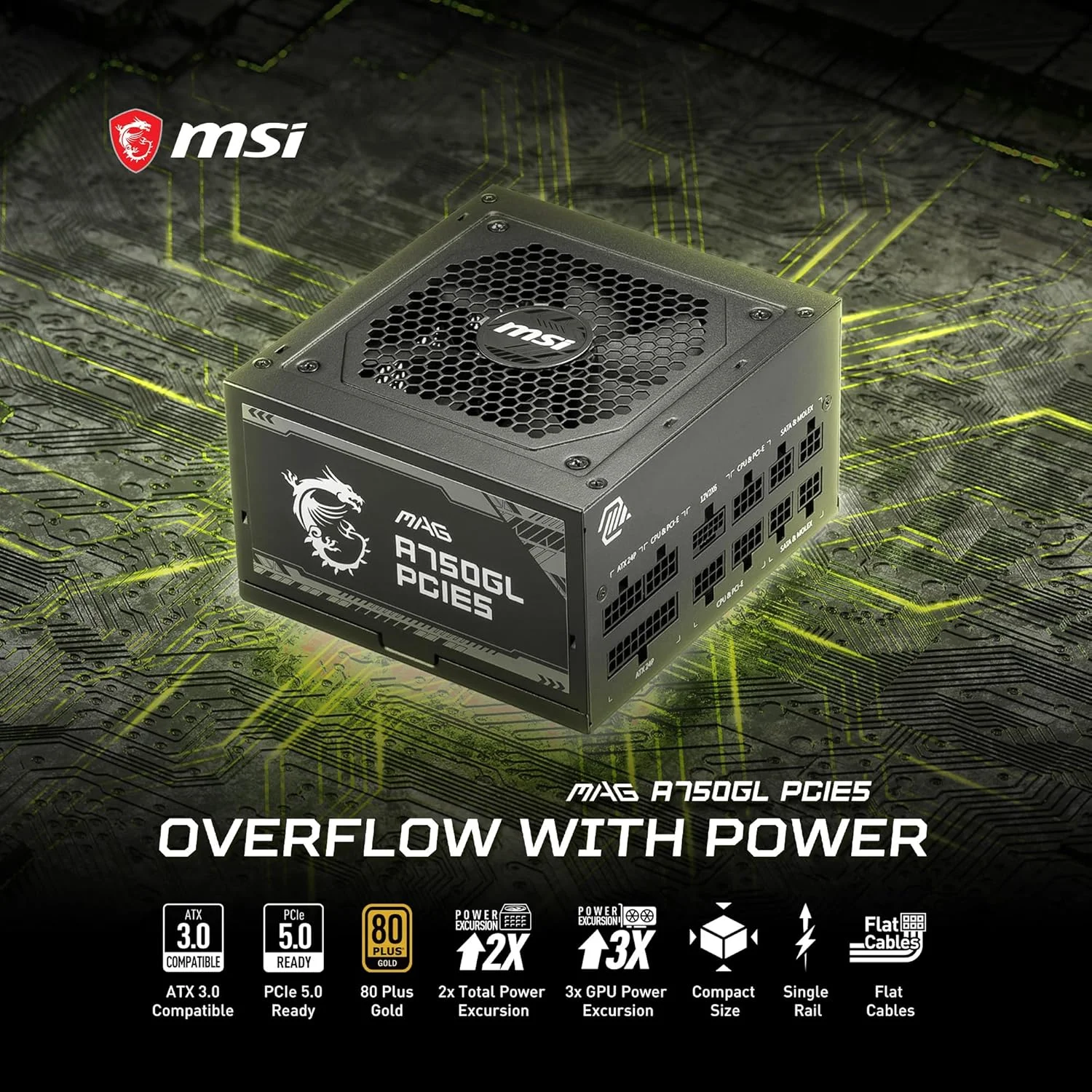 منبع تغذیه 750 واتی MSI MAG با گواهینامه 80 پلاس گلد - طراحی کانکتور 16 پین - طراحی کاملاً ماژولار - محافظت در سطح صنعتی با OVP، OCP، OPP، OTP، SCP، UVP [MAG A750GL PCIE5]
