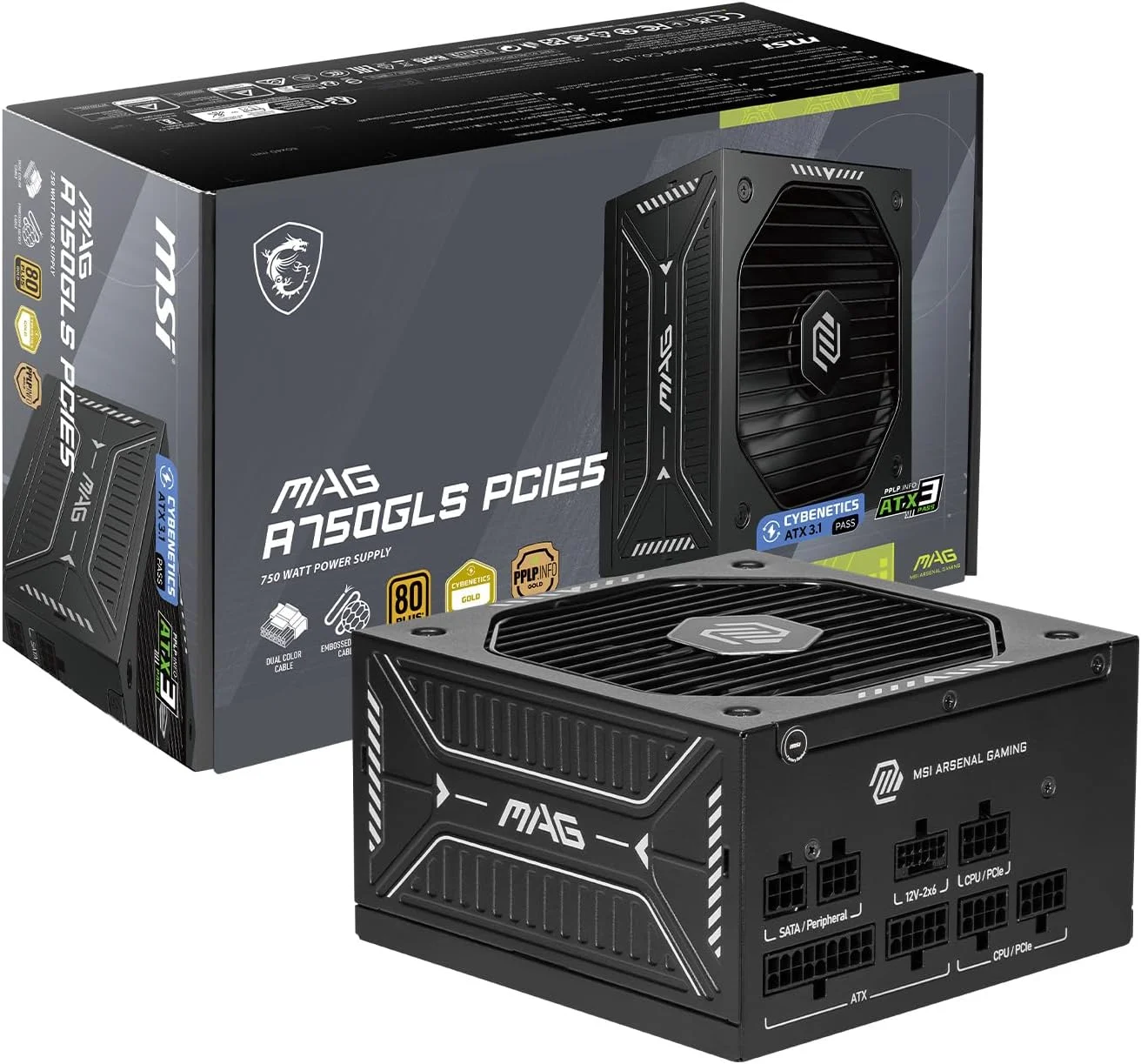 منبع تغذیه کامپیوتر 750 وات MSI MAG A750GLS PCIE5، کاملاً ماژولار، مناسب بازی، دارای گواهینامه 80+ Gold، سازگار با ATX 3.1 و PCIe 5.1، کابل 12V-2x6 دو رنگ، کم صدا، کابل های روکش دار برجسته، 10 سال 