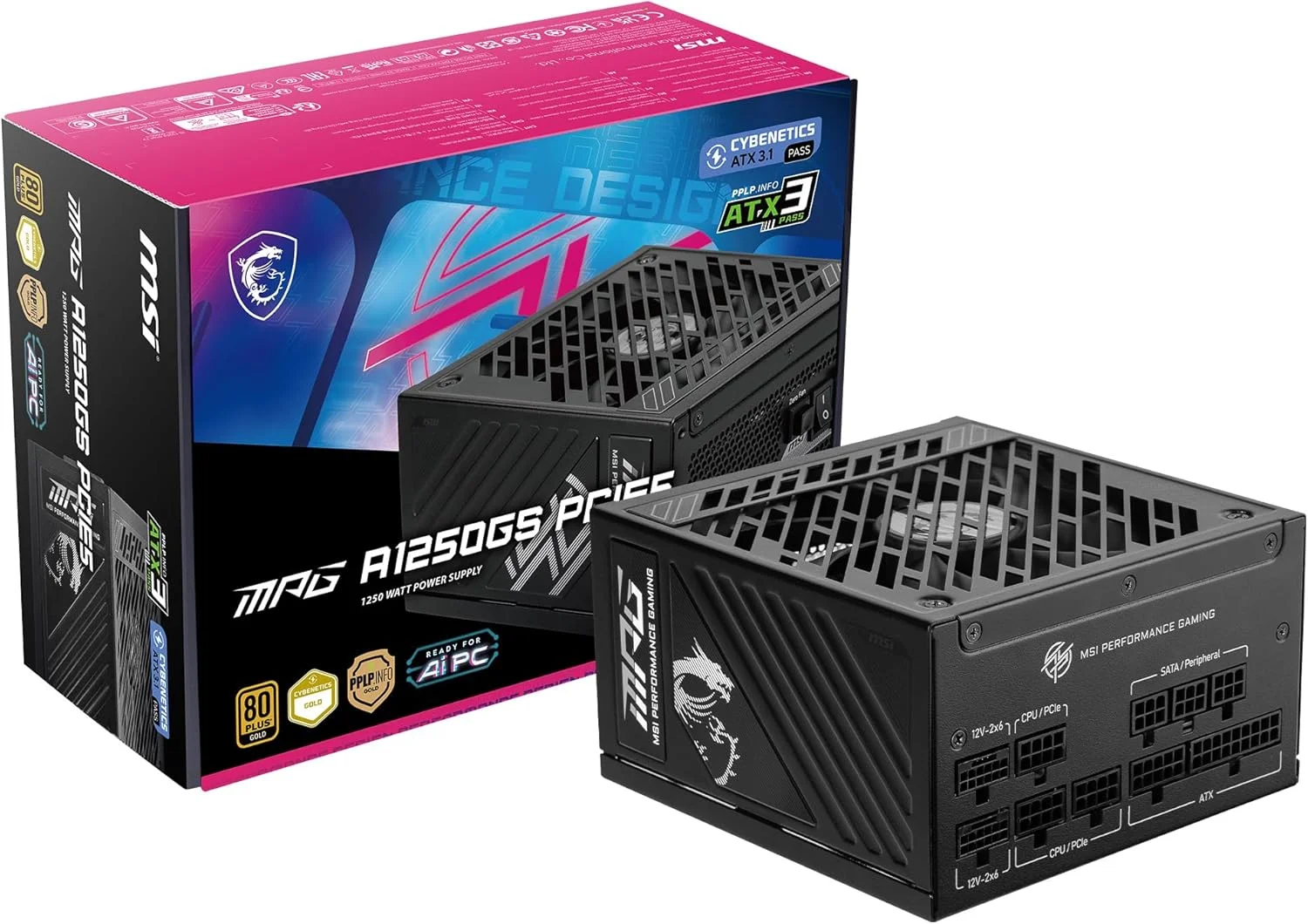 منبع تغذیه گیمینگ MSI MPG A1250GS PCIE 5.1 ATX 3.1 - فول ماژولار - دارای گواهینامه 80 Plus Gold با توان 1250 وات - دارای خازن های 105 درجه سانتیگراد ژاپنی - دارای دو عدد 12V-2x6 - منبع تغذیه ATX - 10 سال 