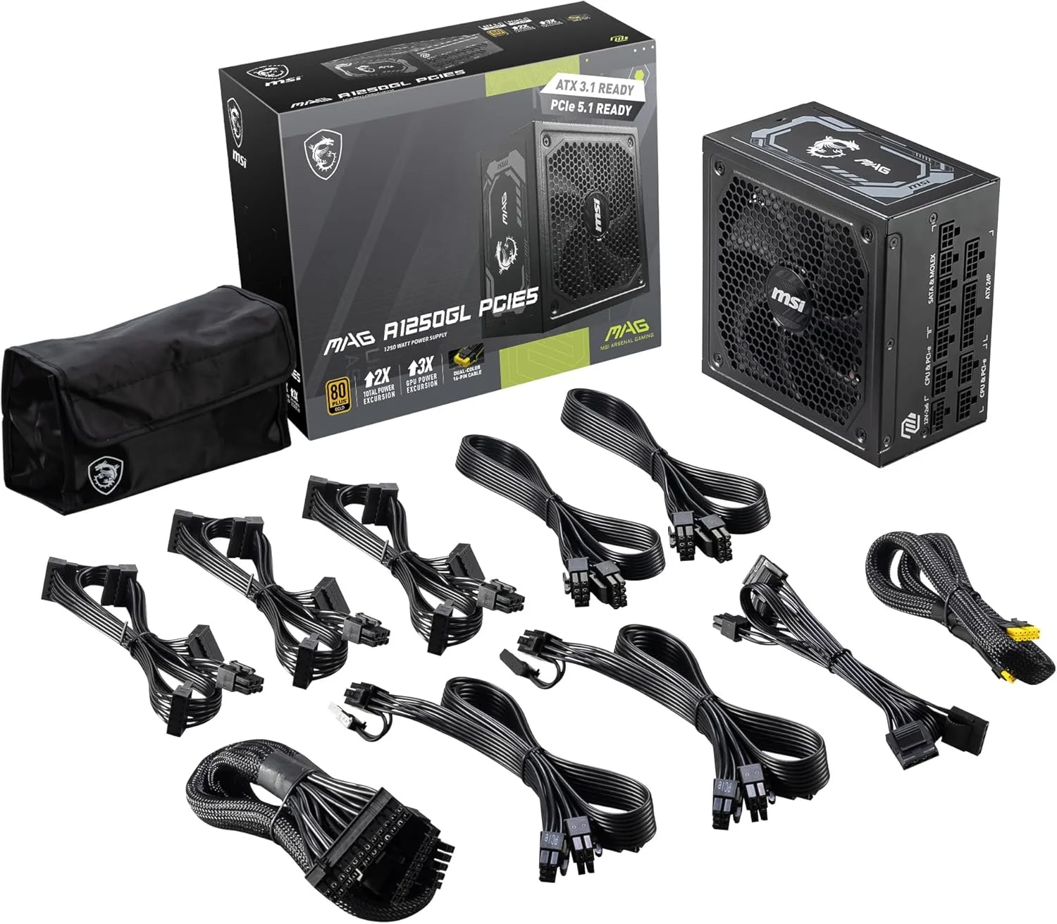 منبع تغذیه گیمینگ MSI MAG 1250GL PCIE 5 - کاملا ماژولار - دارای گواهینامه 80 پلاس گلد 1250 وات - سایز کامپکت - ATX PSU - آماده برای ATX 3.1 و PCIE 5.1 منبع تغذیه گیمینگ MSI MAG 1250GL PCIE 5 - کاملا ماژولار - دارای گواهینامه 80 پلاس گلد 1250 وات - سایز کامپکت - ATX PSU - آماده برای ATX 3.1 و PCIE 5.1