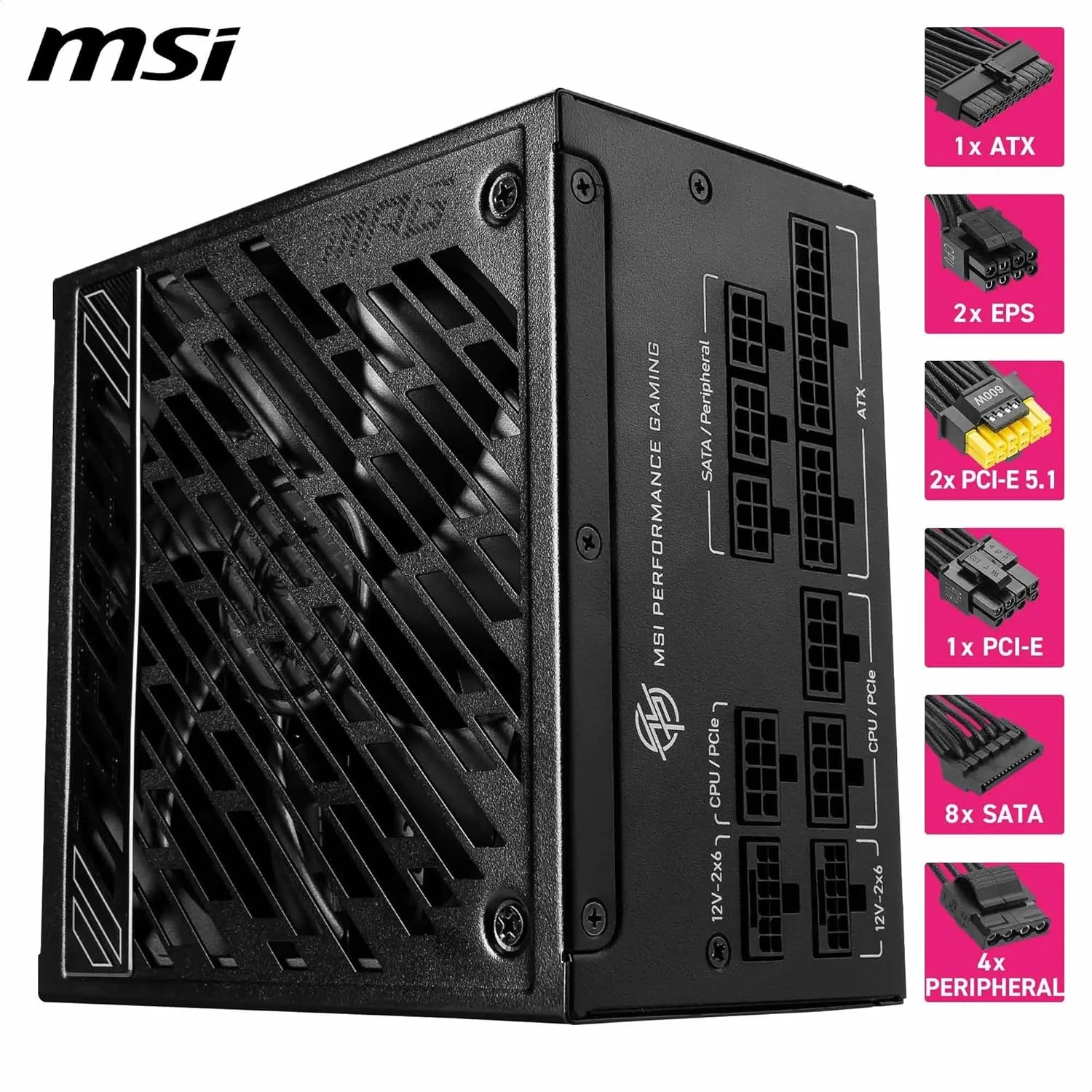 منبع تغذیه کامپیوتر MSI MPG A1000GS PCIE5 کاملاً ماژولار، توان 1000 وات، راندمان 80 PLUS Gold، بلبرینگ دینامیکی سیال 135 میلی‌متری، PFC فعال، حالت Zero Fan - مشکی