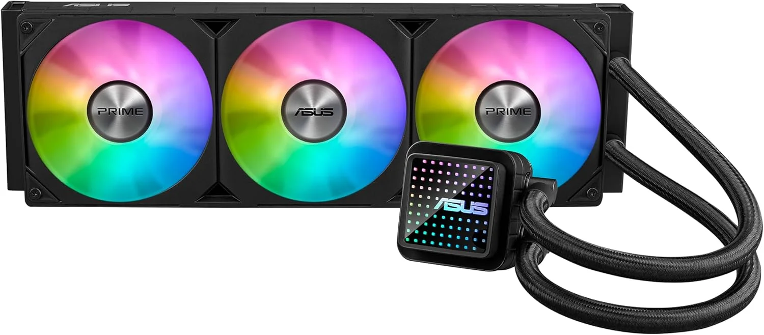 خنک کننده مایع پردازنده ASUS Prime LC 360 ARGB، خنک کننده همه کاره با ناحیه تماس با پردازنده و کانال های پره دار، واتر بلاک با لنزهای آینه ای بی نهایت و فن های ARGB