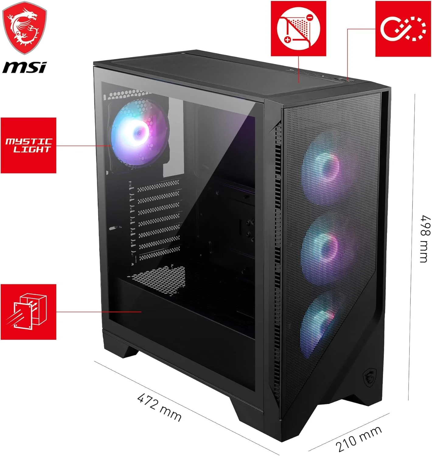کیس کامپیوتر مید تاور MSI MAG Forge 321R Airflow - ظرفیت ATX، پشتیبانی از کارت گرافیک RTX 40، فن ARGB، فیلتر گرد و غبار مغناطیسی، شیشه حرارت دیده، هاب 4 ARGB، USB 3.2 نسل 2x2 Type-C