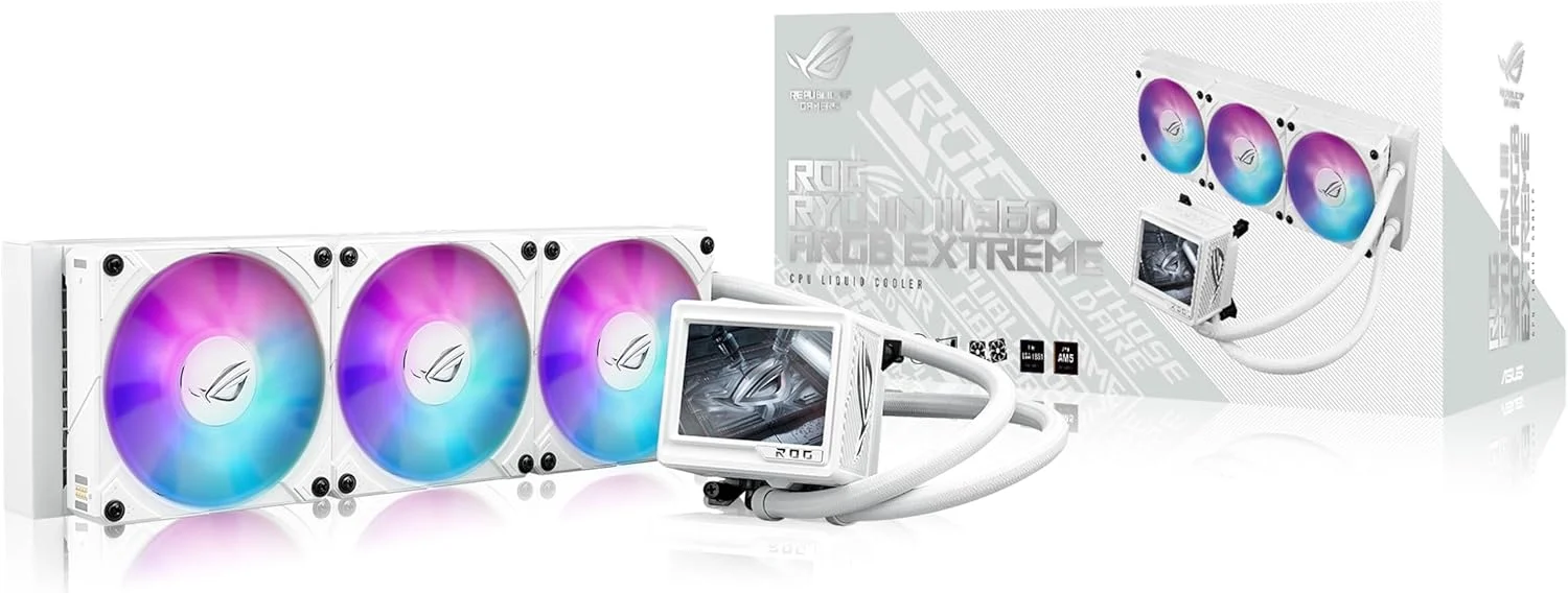 خنک کننده مایع پردازنده ASUS ROG RYUYJIN III 360 ARGB Extreme White Edition، سازگار با AMD Ryzen 9000 و Intel Core Ultra، پمپ Asetek Gen8 V2، فن های مغناطیسی با جریان هوای بالا و فشار استاتیک