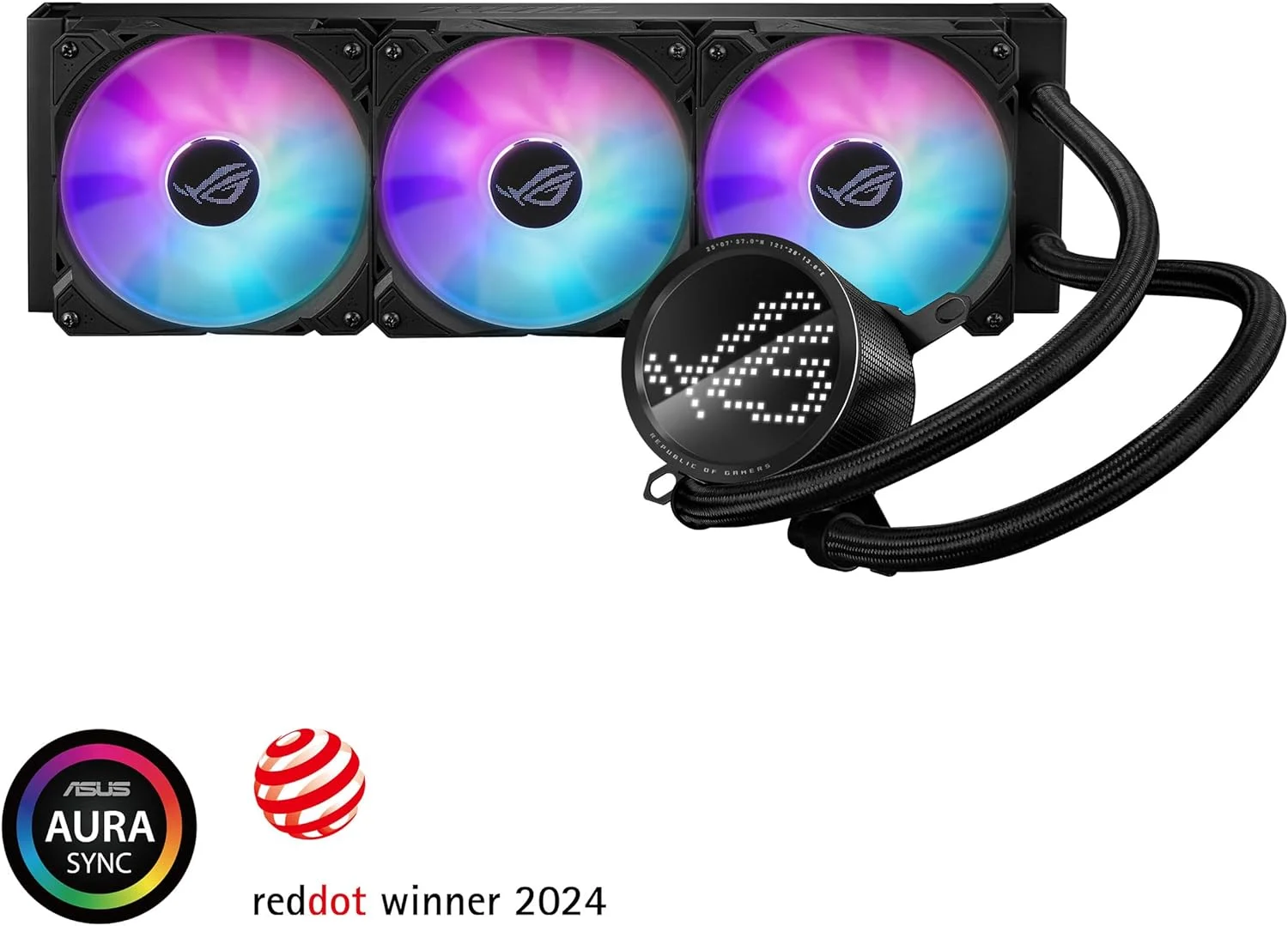 خنک کننده مایع پردازنده ASUS ROG RYUO III 360 ARGB، رادیاتور 360 میلی‌متری، پمپ نسل هشتم Asetek، نمایشگر LED Anime Matrix™ و فن ROG AF 12S ARGB.