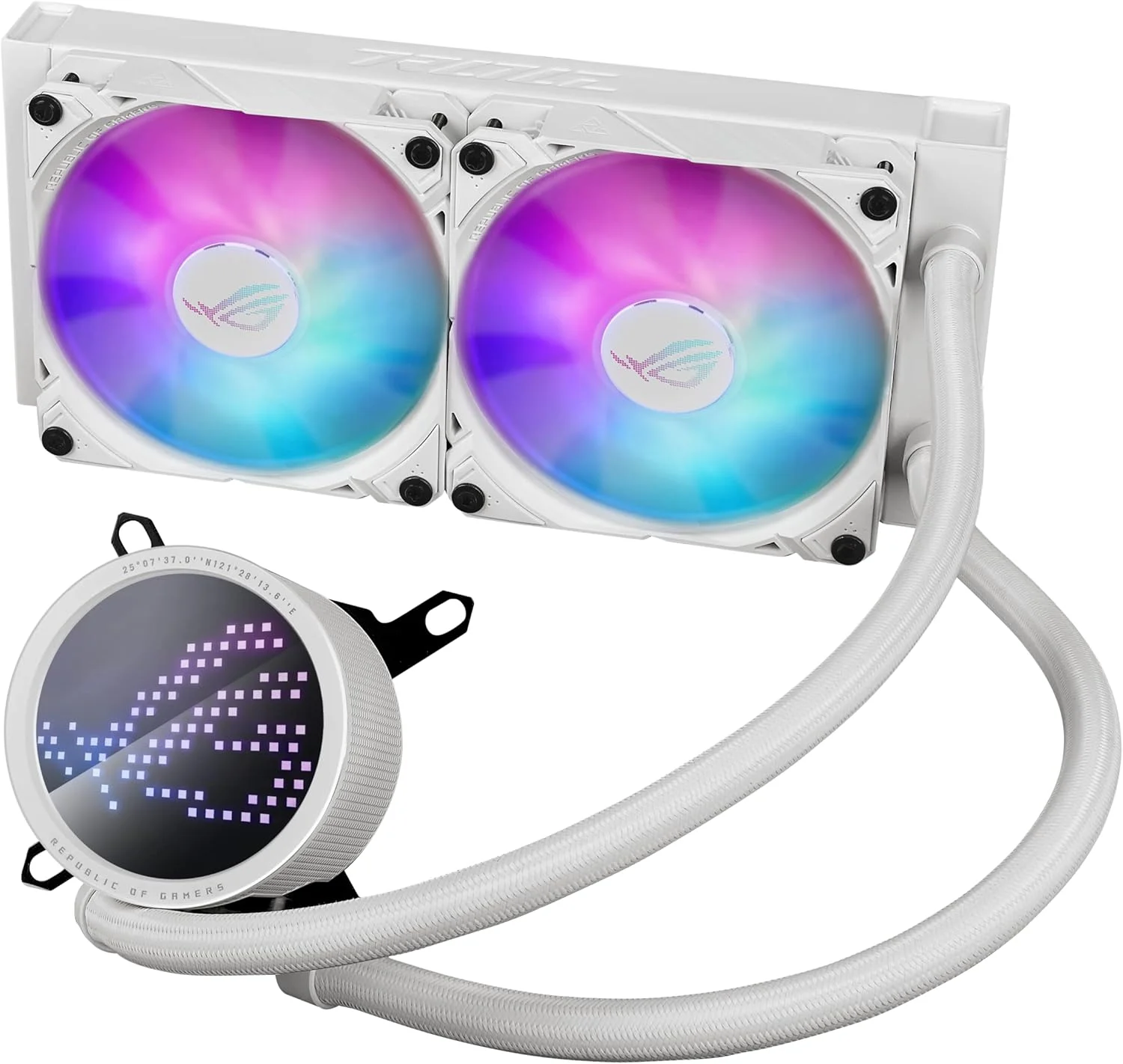 خنک کننده مایع پردازنده ASUS ROG RYUO III 240 ARGB نسخه سفید، رادیاتور 240 میلی‌متری، پمپ نسل هشتم Asetek، نمایشگر LED Anime Matrix™ و فن ROG AF 12S ARGB.