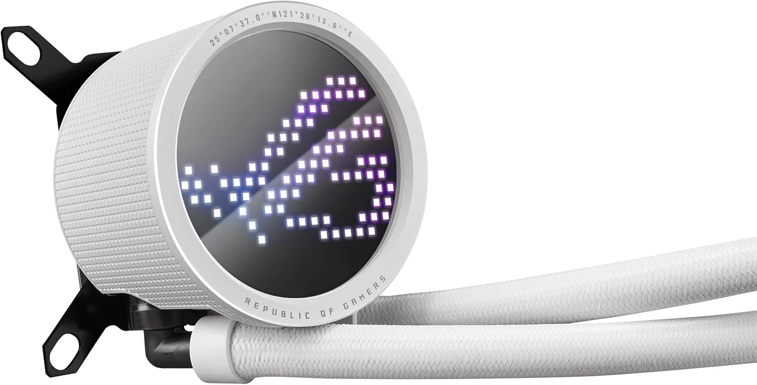 خنک کننده مایع پردازنده ASUS ROG RYUO III 240 ARGB نسخه سفید، رادیاتور 240 میلی‌متری، پمپ نسل هشتم Asetek، نمایشگر LED Anime Matrix™ و فن ROG AF 12S ARGB.