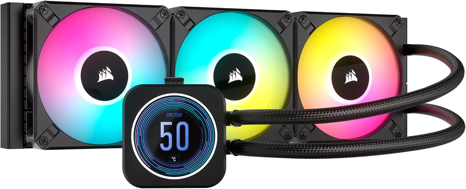 خنک کننده مایع پردازنده Corsair iCUE H150i Elite LCD XT - صفحه نمایش IPS LCD - سه فن AF120 RGB Elite - رادیاتور 360 میلی‌متری - سازگار با Intel® LGA 1700, AMD® AM5 و بیشتر - شامل iCUE Commander CORE - مشکی