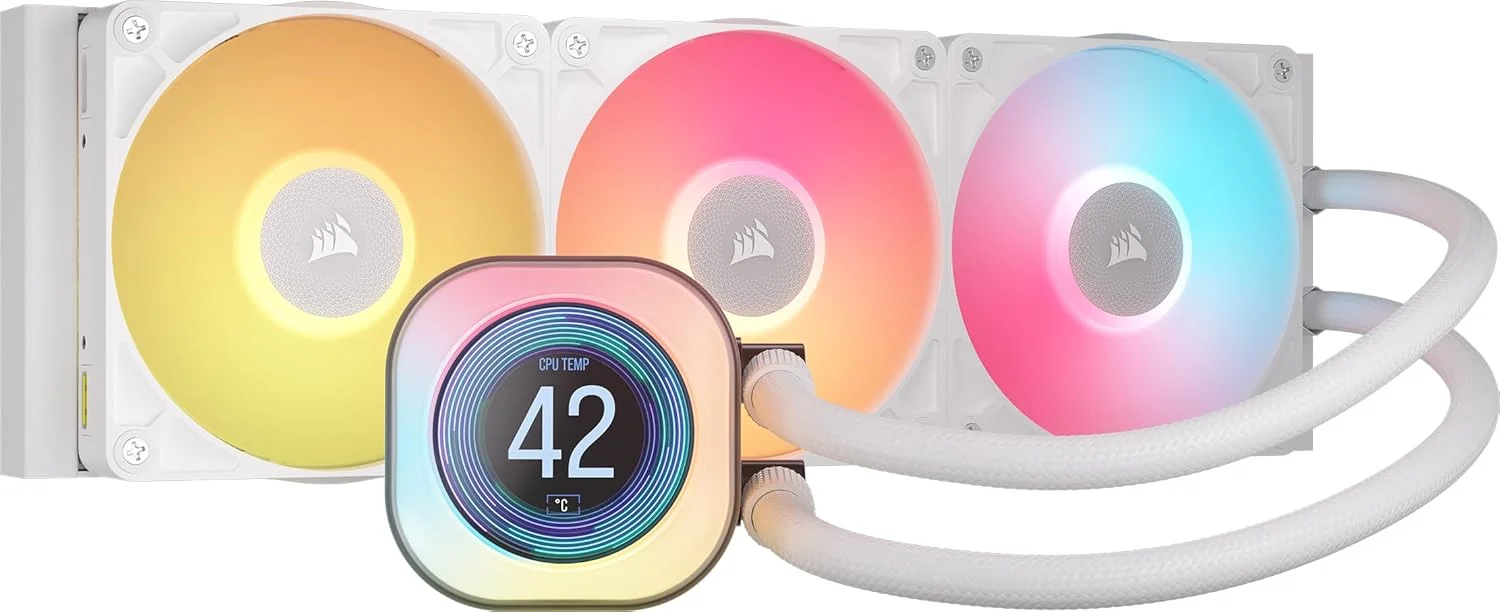 خنک کننده مایع پردازنده CORSAIR iCUE LINK TITAN RX LCD – خنک کننده AIO 360 میلی‌متری – کم صدا – موتور خنک کننده FlowDrive – Intel LGA 1851/1700, AMD AM5/AM4 – 3 عدد فن RX120 RGB – شامل هاب سیستم iCUE LINK – سفید