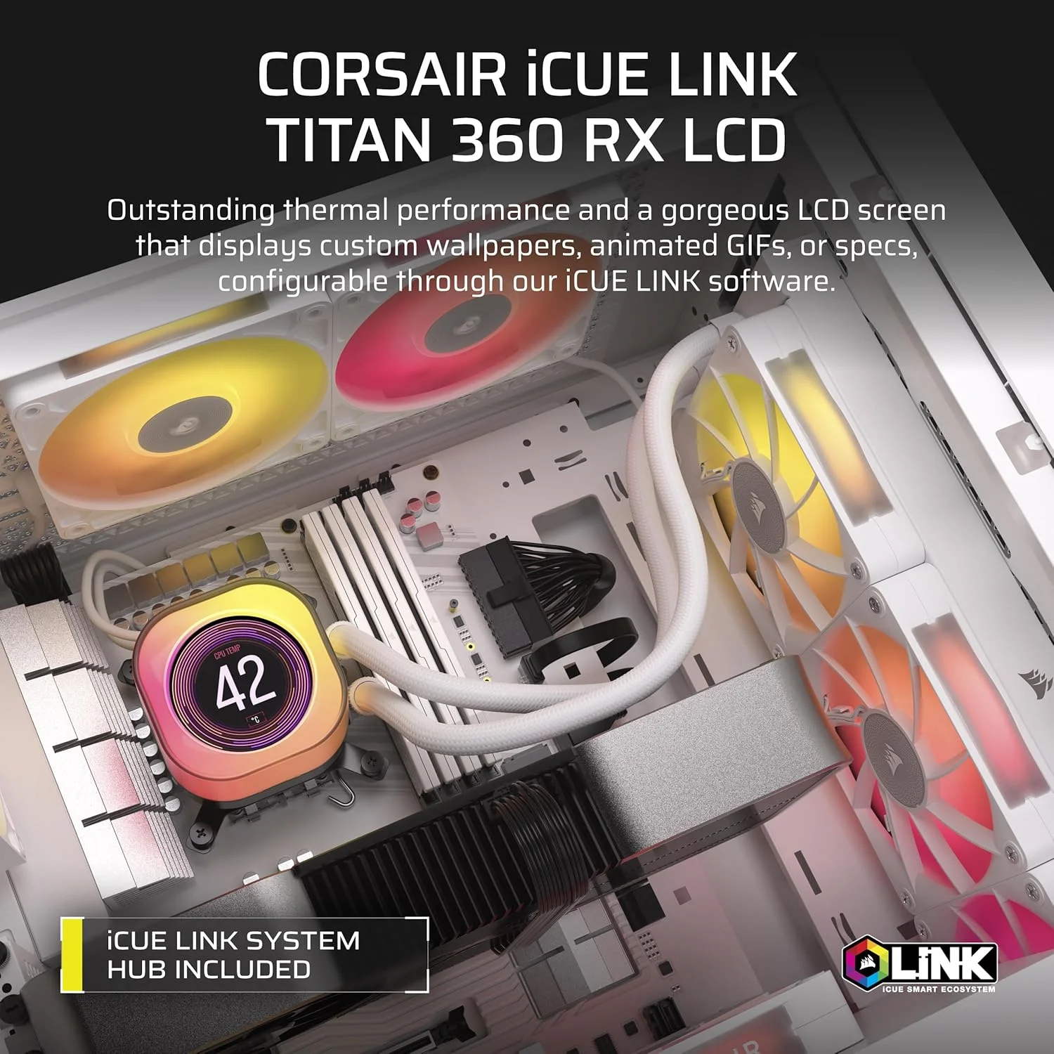 خنک کننده مایع پردازنده CORSAIR iCUE LINK TITAN RX LCD – خنک کننده AIO 360 میلیمتری – کم صدا – موتور خنک کننده FlowDrive – Intel LGA 1851/1700, AMD AM5/AM4 – 3 عدد فن RX120 RGB – شامل هاب سیستم iCUE LINK – سفید خنک کننده مایع پردازنده CORSAIR iCUE LINK TITAN RX LCD – خنک کننده AIO 360 میلیمتری – کم صدا – موتور خنک کننده FlowDrive – Intel LGA 1851/1700, AMD AM5/AM4 – 3 عدد فن RX120 RGB – شامل هاب سیستم iCUE LINK – سفید