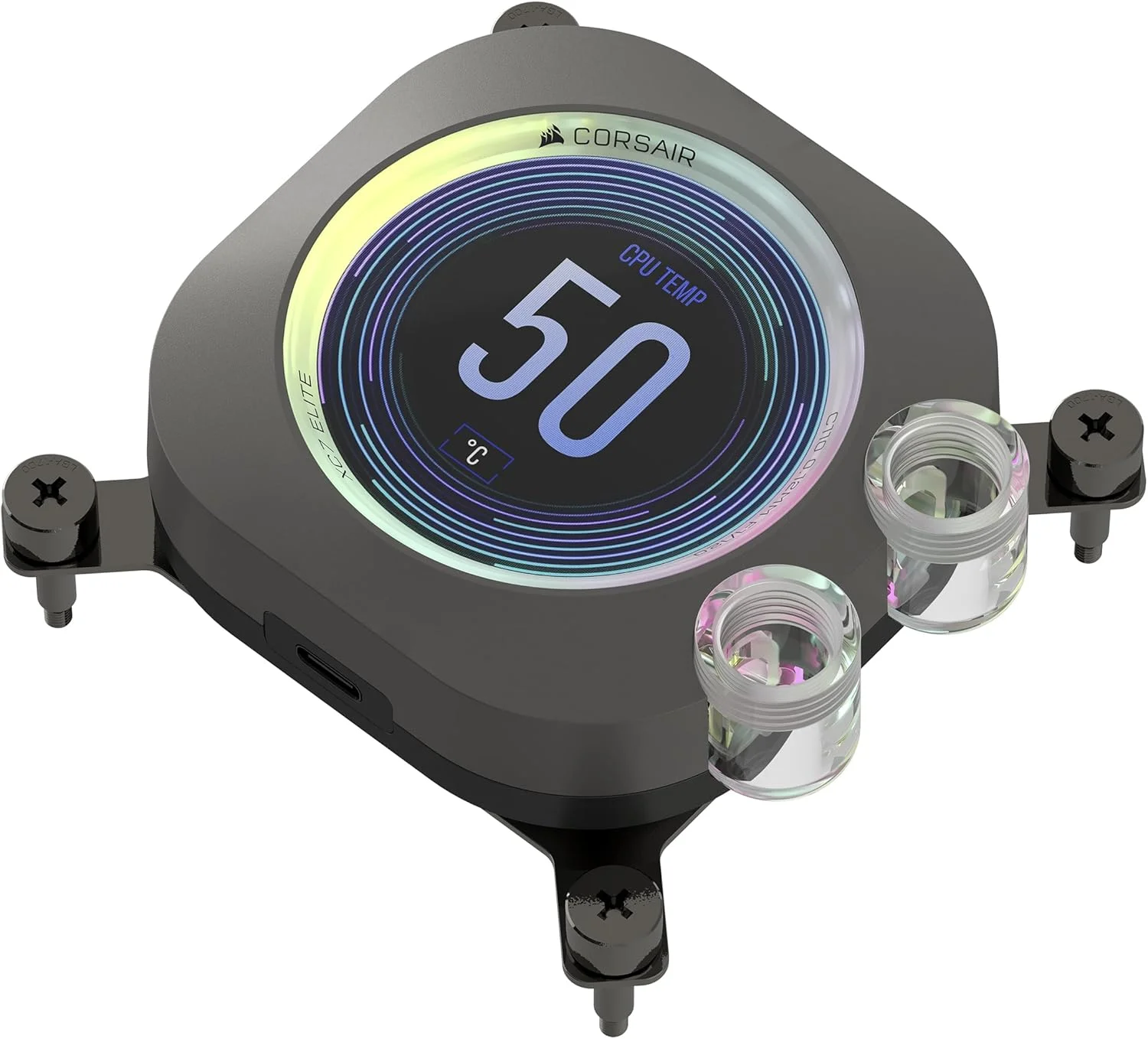 واتربلاک پردازنده CORSAIR XC7 RGB ELITE LCD - صفحه نمایش 480x480 IPS LCD - 31 LED RGB - USB-C - سازگار با Intel® LGA 1700، AMD® AM5 و مدل‌های قدیمی‌تر - خاکستری تیره