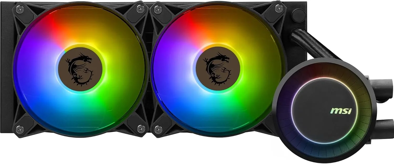 خنک کننده مایع پردازنده MSI MAG CORELIQUID E240 AIO - صفحه خنک کننده مسی بزرگ شده، بلاک ARGB و فن های FDB، بلاک آبی دو محفظه ای، رادیاتور جریان شکافته، پشتیبانی از Mystic Light - سازگار با AMD و Intel