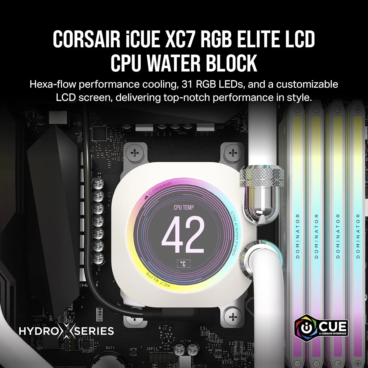 واتربلاک پردازنده CORSAIR XC7 RGB ELITE LCD - صفحه نمایش IPS LCD 480x480 - 31 LED RGB - USB-C - سازگار با Intel® LGA 1700، AMD® AM5 و مدل های قدیمی تر - سفید
