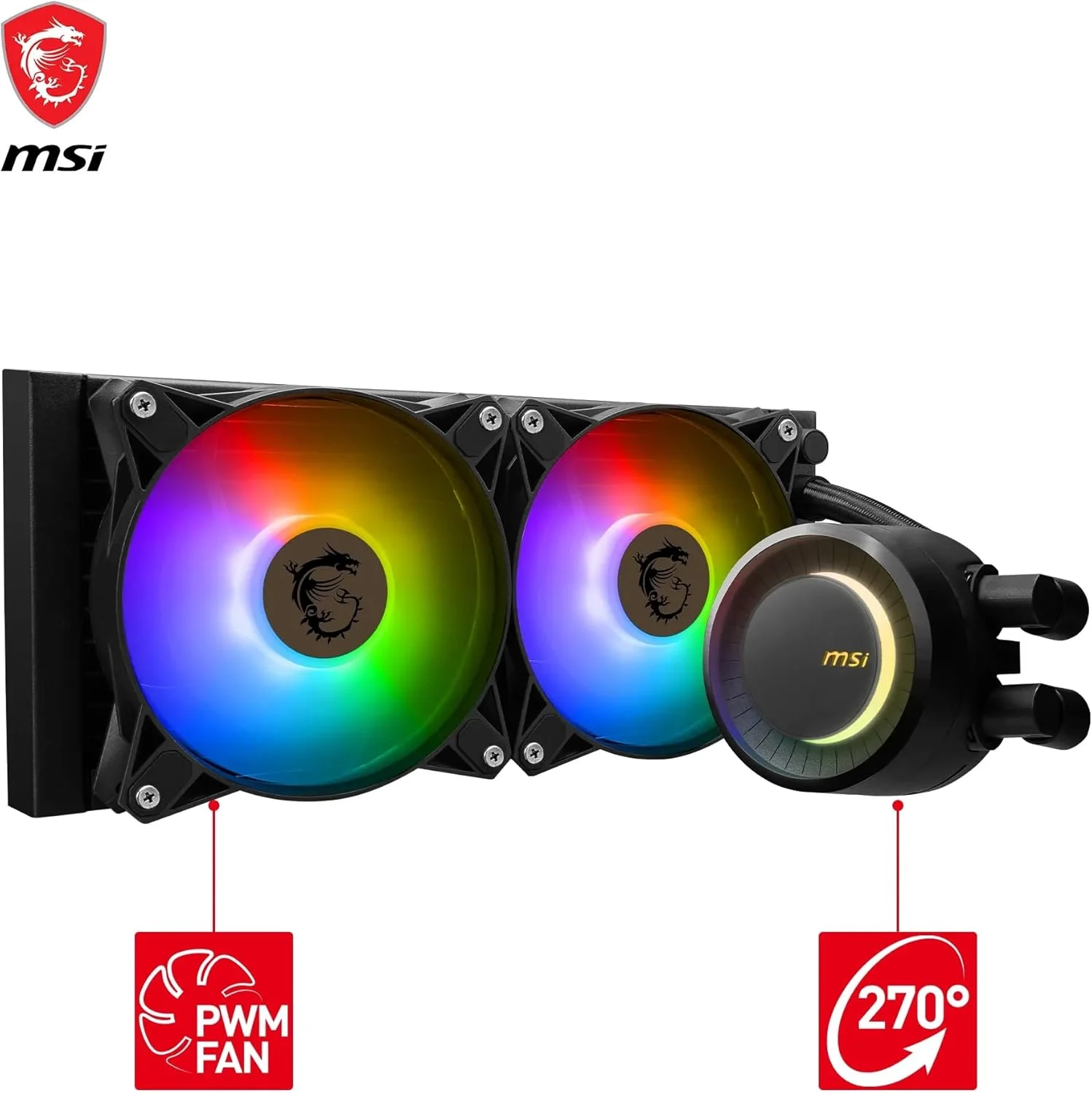 خنک کننده مایع پردازنده MSI MAG CORELIQUID E240 AIO - صفحه خنک کننده مسی بزرگ شده، بلاک ARGB و فن های FDB، بلاک آبی دو محفظه ای، رادیاتور جریان شکافته، پشتیبانی از Mystic Light - سازگار با AMD و Intel