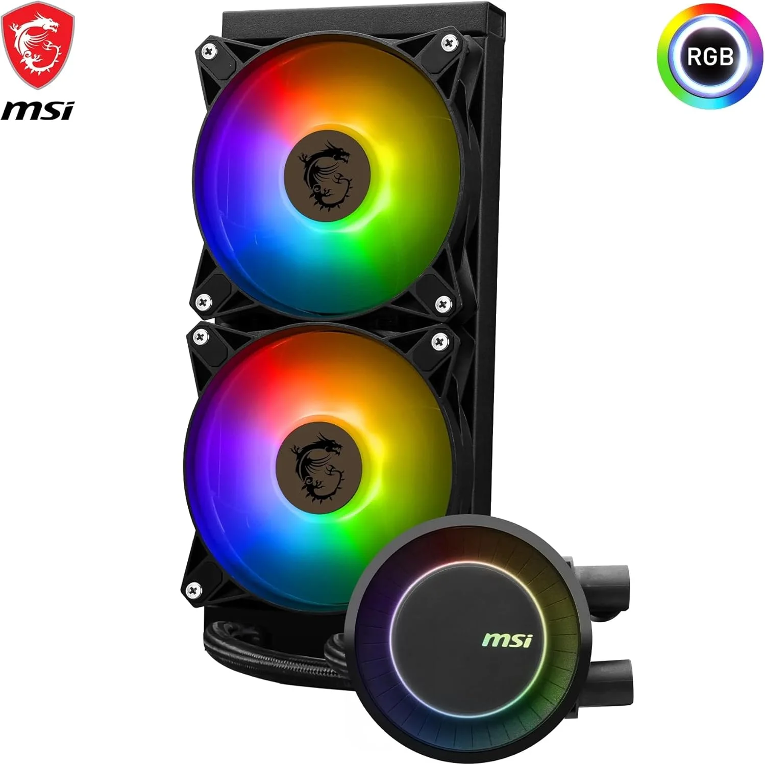 خنک کننده مایع پردازنده MSI MAG CORELIQUID E240 AIO - صفحه خنک کننده مسی بزرگ شده، بلاک ARGB و فن های FDB، بلاک آبی دو محفظه ای، رادیاتور جریان شکافته، پشتیبانی از Mystic Light - سازگار با AMD و Intel