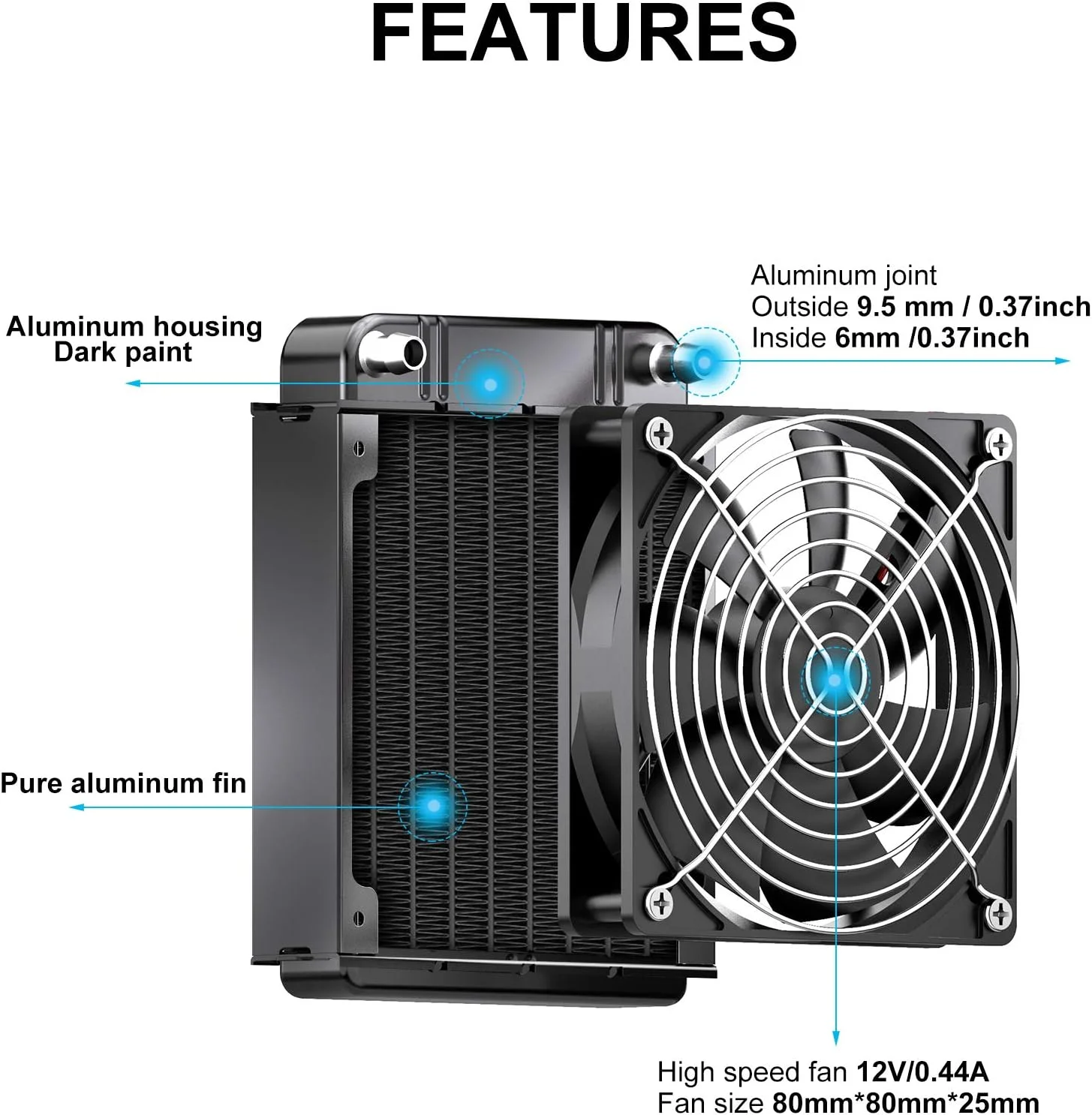 رادیاتور خنک کننده آب Clyxgs، رادیاتور مبدل حرارتی آلومینیومی 8 لوله ای با فن برای سیستم خنک کننده آب کامپیوتر CPU PC DC12V 80mm