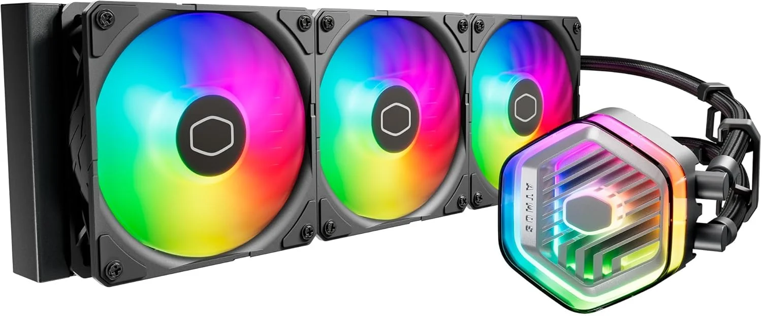 خنک کننده مایع پردازنده Cooler Master MasterLiquid Atmos 360 مشکی - سیستم خنک کننده آبی AIO، پمپ دو محفظه ای، فن های Sickleflow 120 Edge از پیش نصب شده، RGB Gen 2 آدرس پذیر، براکت های LGA1700 و AM5