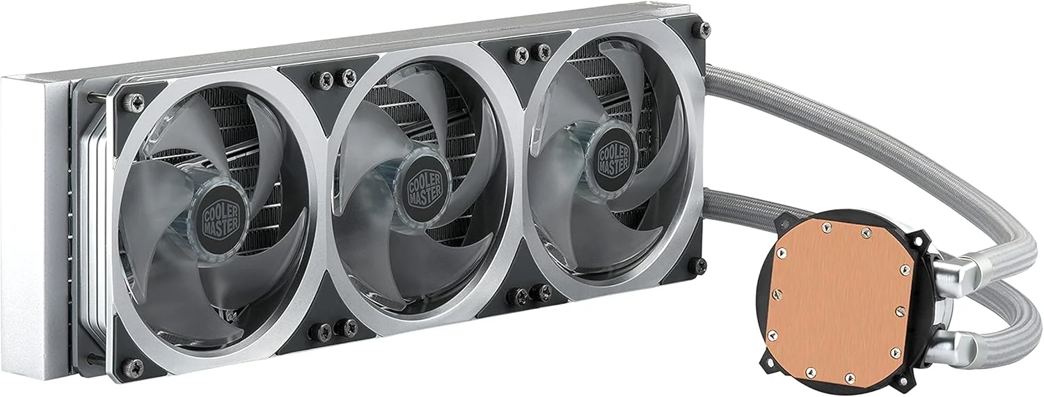 خنک کننده مایع مستر لیکوئید ML360P سیلور ادیشن کولر مستر، رادیاتور 360 میلی متری مایع همه کاره (AIO)، 1 عدد فن PWM SF360R ARGB، طراحی قاب فن یکپارچه، پوشش پمپ آلومینیومی