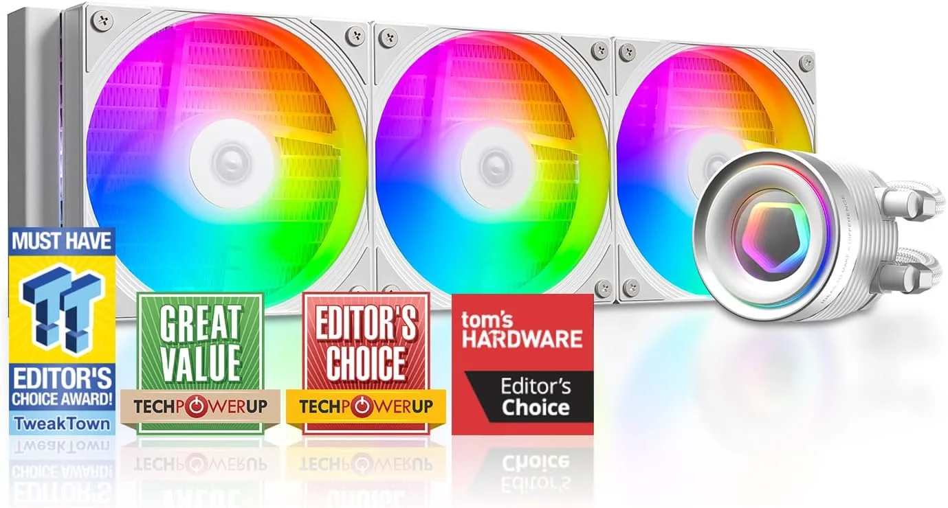 خنک کننده مایع پردازنده ID-COOLING FX360 INF سفید 360mm، خنک کننده AIO با جلوه آینه بی نهایت ARGB، 3 عدد فن 120mm با اتصال زنجیره ای و عملکرد کم صدا 27.2dB(A) حداکثر، Intel LGA1851/1700/1200/115X; AMD AM5/AM4