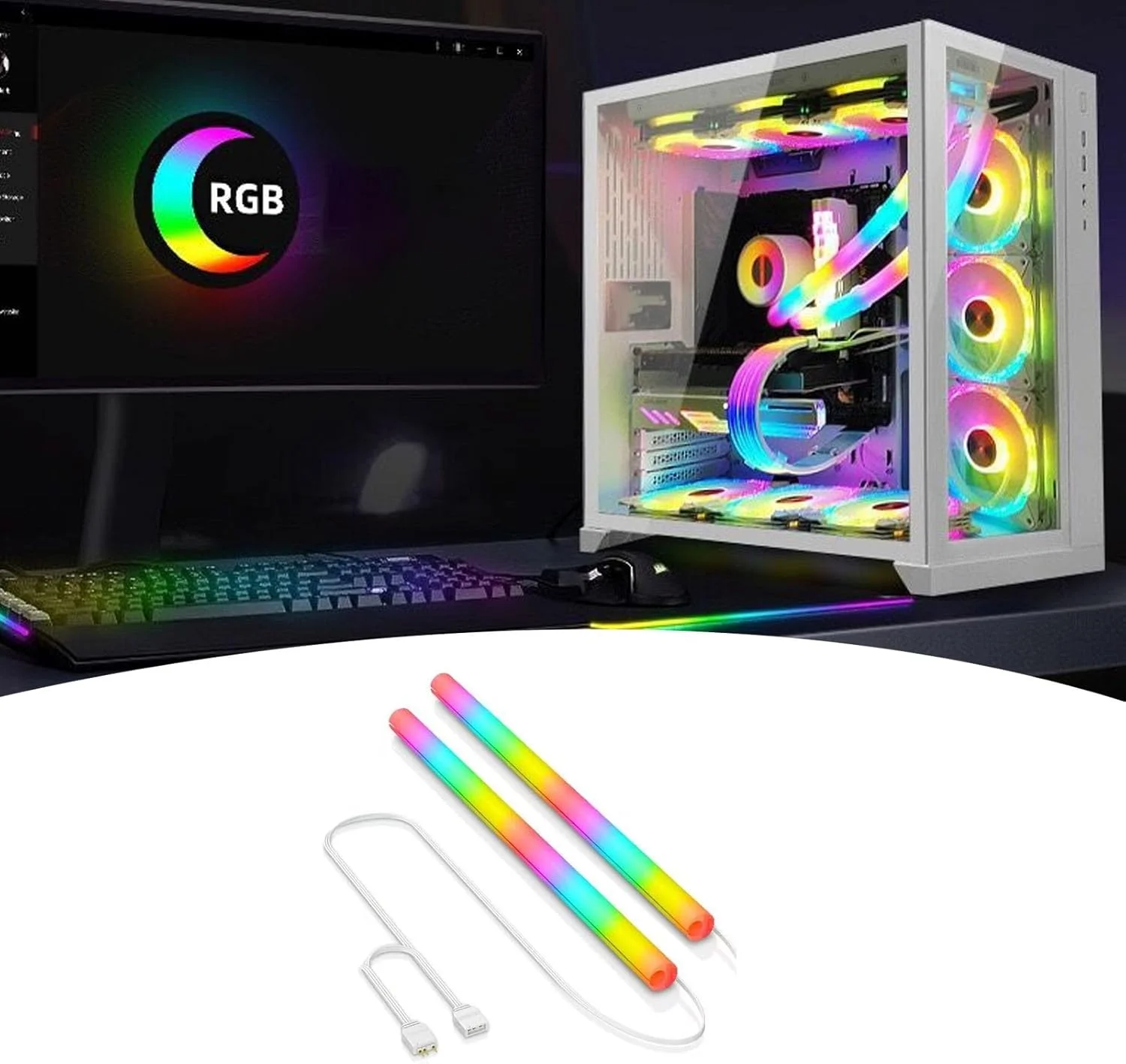 لوله خنک کننده آبی ARGB جرنی 2 عددی، لوله خنک کننده آبی ARGB با 16.8 میلیون رنگ قابل برنامه ریزی، 35 مهره لامپ، نوار نور نرم DIY پانوراما 360 درجه برای کیس کامپیوتر رومیزی