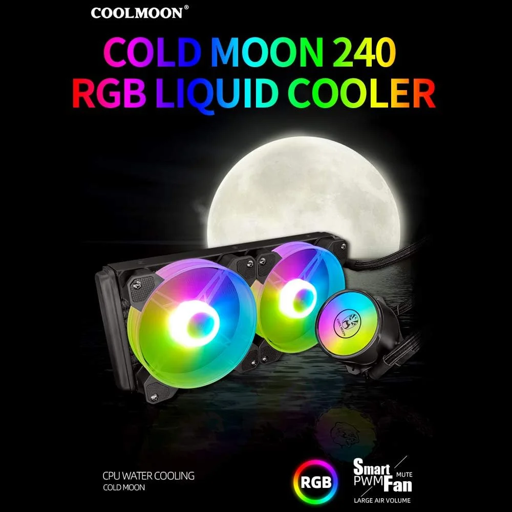 خنک کننده آبی پردازنده کامپیوتر COOL MOON مدل cold moon 240، رادیاتور مایع CPU با فن های بی صدای RGB 120mm، مناسب برای LGA775/115X/AM4/AM3/FM2