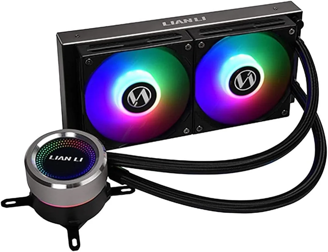 خنک کننده مایع پردازنده (CPU) مدل Lian Li Galahad 240 با حلقه بسته - مشکی، فن 240 میلی‌متری ARGB، سرعت 800-1900 دور در دقیقه، جریان هوای 58.54 CFM، بدنه آلومینیومی، سازگار با کامپیوترهای رومیزی