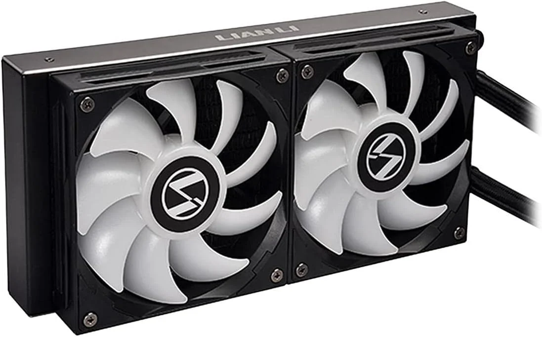خنک کننده مایع پردازنده (CPU) مدل Lian Li Galahad 240 با حلقه بسته - مشکی، فن 240 میلی‌متری ARGB، سرعت 800-1900 دور در دقیقه، جریان هوای 58.54 CFM، بدنه آلومینیومی، سازگار با کامپیوترهای رومیزی