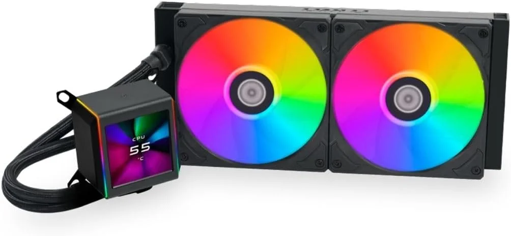خنک کننده مایع پردازنده لیان لی Galahad II LCD 280 AIO - مجهز به صفحه نمایش IPS قابل تنظیم 2.88 اینچی، با پمپ نسل هشتم Asetek، شامل فن های ARGB، کیت خنک کننده آبی 280 میلی متری (مشکی)