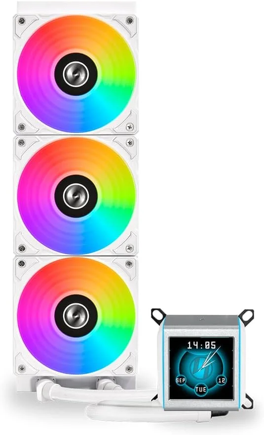 خنک کننده مایع پردازنده Lian Li Galahad II LCD 360 AIO - دارای صفحه نمایش IPS قابل تنظیم 2.88 اینچی، فن های ARGB و کیت خنک کننده آبی (سفید)
