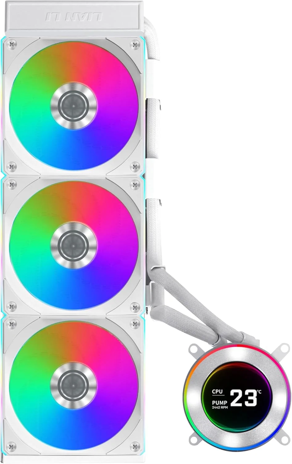 خنک کننده مایع پردازنده لیان لی Hydroshift II 360 CL RGB - خنک کننده AIO 360 میلی متری - 3 عدد فن 120 RGB - صفحه نمایش 2.1 اینچی IPS LCD - 3 حالت کنترل - بست لوله های انعطاف پذیر - LGA 1851/1700, AMD AM5/AM4 - سفید (HS2LCD36RW)