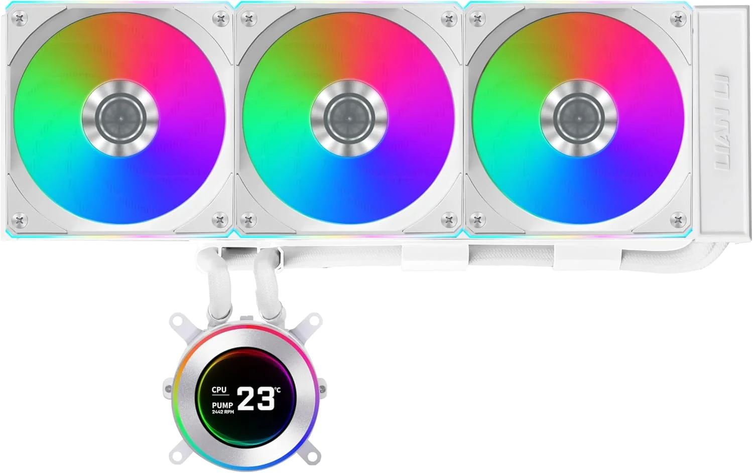 خنک کننده مایع پردازنده لیان لی Hydroshift II 360 CL RGB - خنک کننده AIO 360 میلی متری - 3 عدد فن 120 RGB - صفحه نمایش 2.1 اینچی IPS LCD - 3 حالت کنترل - بست لوله های انعطاف پذیر - LGA 1851/1700, AMD AM5/AM4 - سفید (HS2LCD36RW)