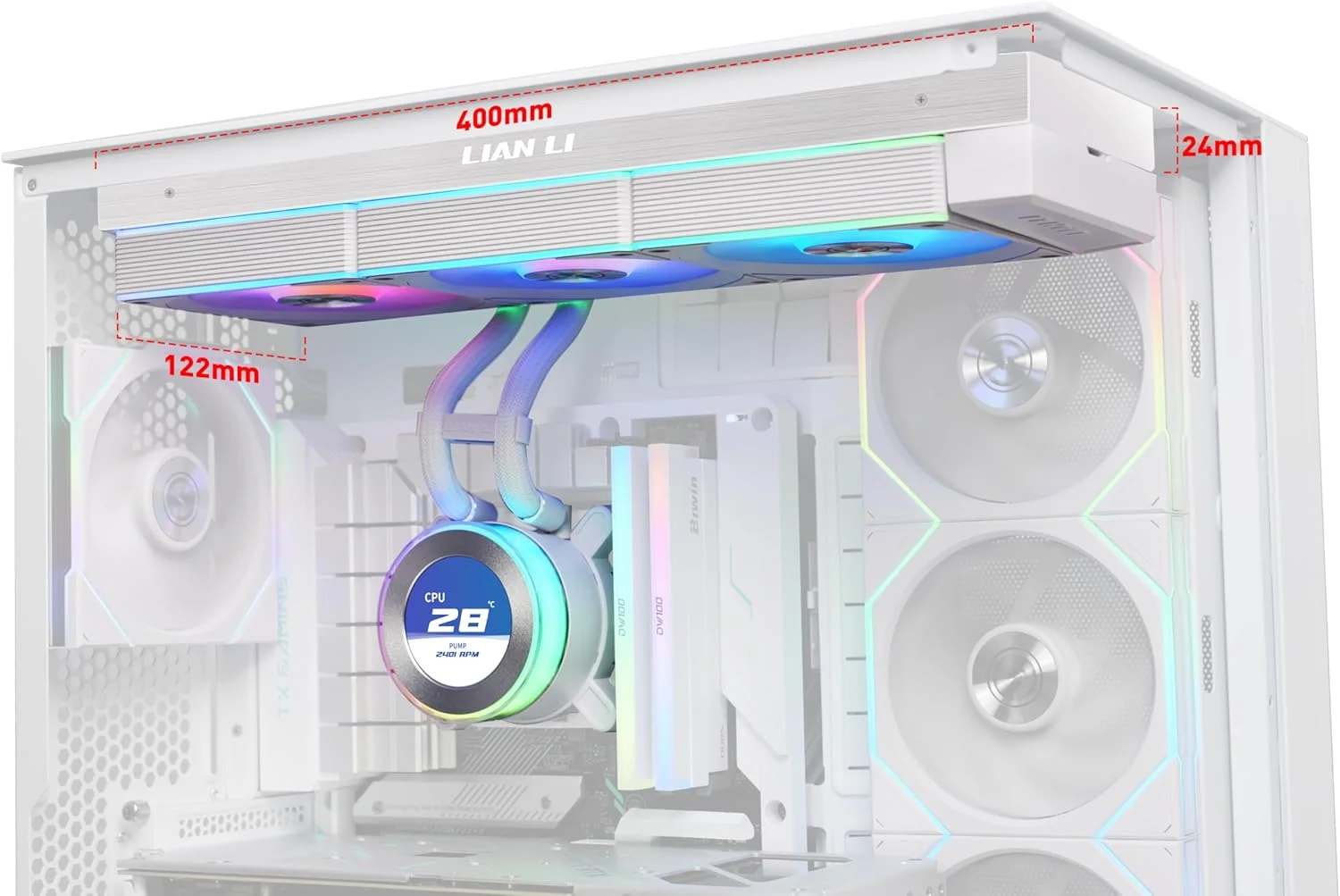 خنک کننده مایع پردازنده لیان لی Hydroshift II 360 CL RGB - خنک کننده AIO 360 میلی متری - 3 عدد فن 120 RGB - صفحه نمایش 2.1 اینچی IPS LCD - 3 حالت کنترل - بست لوله های انعطاف پذیر - LGA 1851/1700, AMD AM5/AM4 - سفید (HS2LCD36RW)