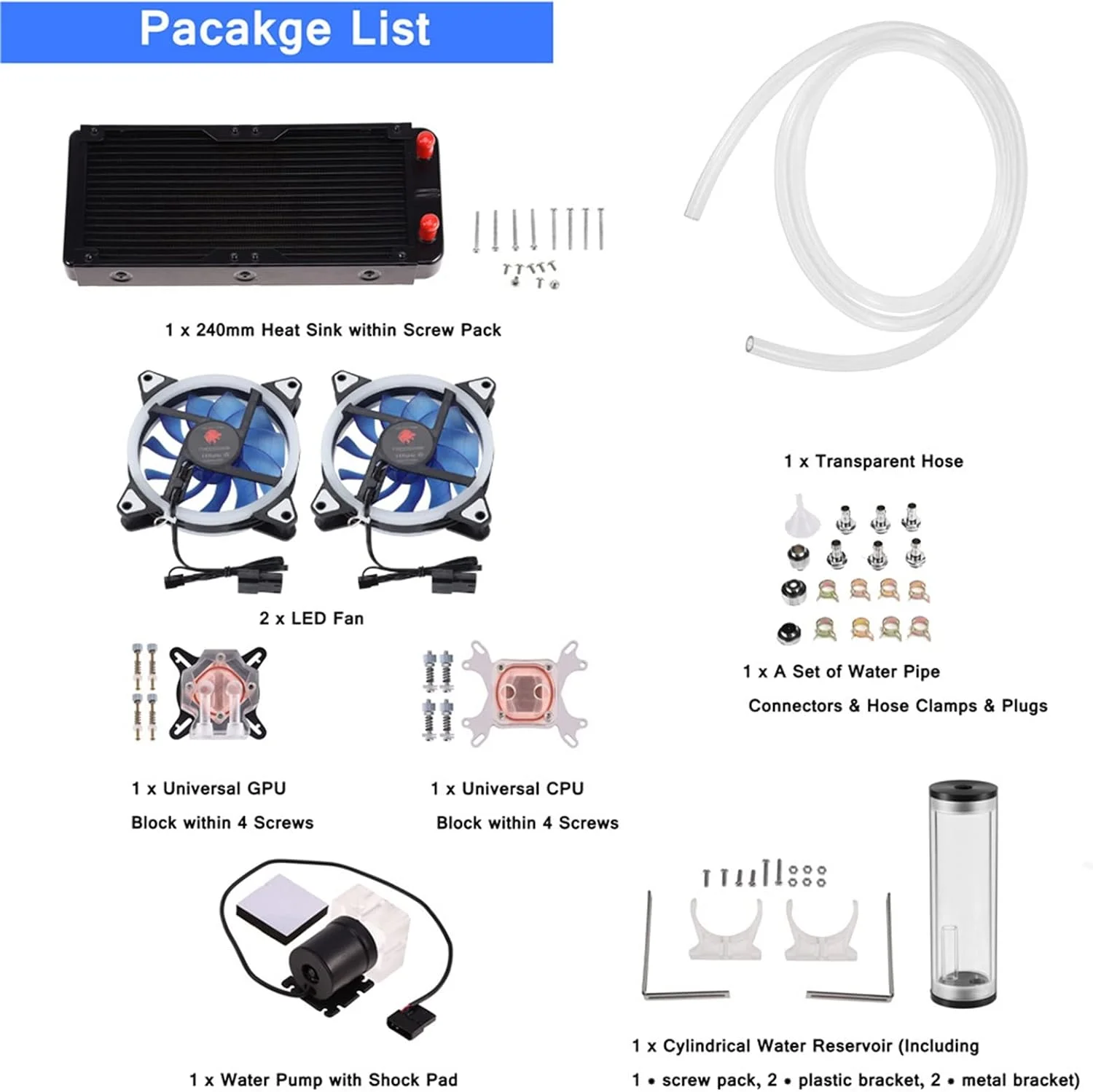 کیت خنک کننده مایع پردازنده Luqeeg، خنک کننده کامپیوتر DIY 240mm، بلوک CPU/GPU، پمپ، مخزن، فن LED، هیت سینک، لوازم جانبی کیت خنک کننده آبی، سیستم خنک کننده مایع دسکتاپ