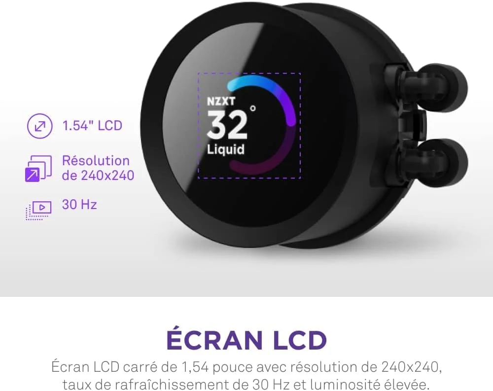 خنک کننده مایع پردازنده NZXT Kraken 240-240mm AIO - صفحه نمایش LCD مربعی 1.54 اینچی قابل تنظیم برای تصاویر، معیارهای عملکرد و موارد دیگر - پمپ با کارایی بالا - 2 عدد فن F120P - مشکی (RL-KN240-B1)