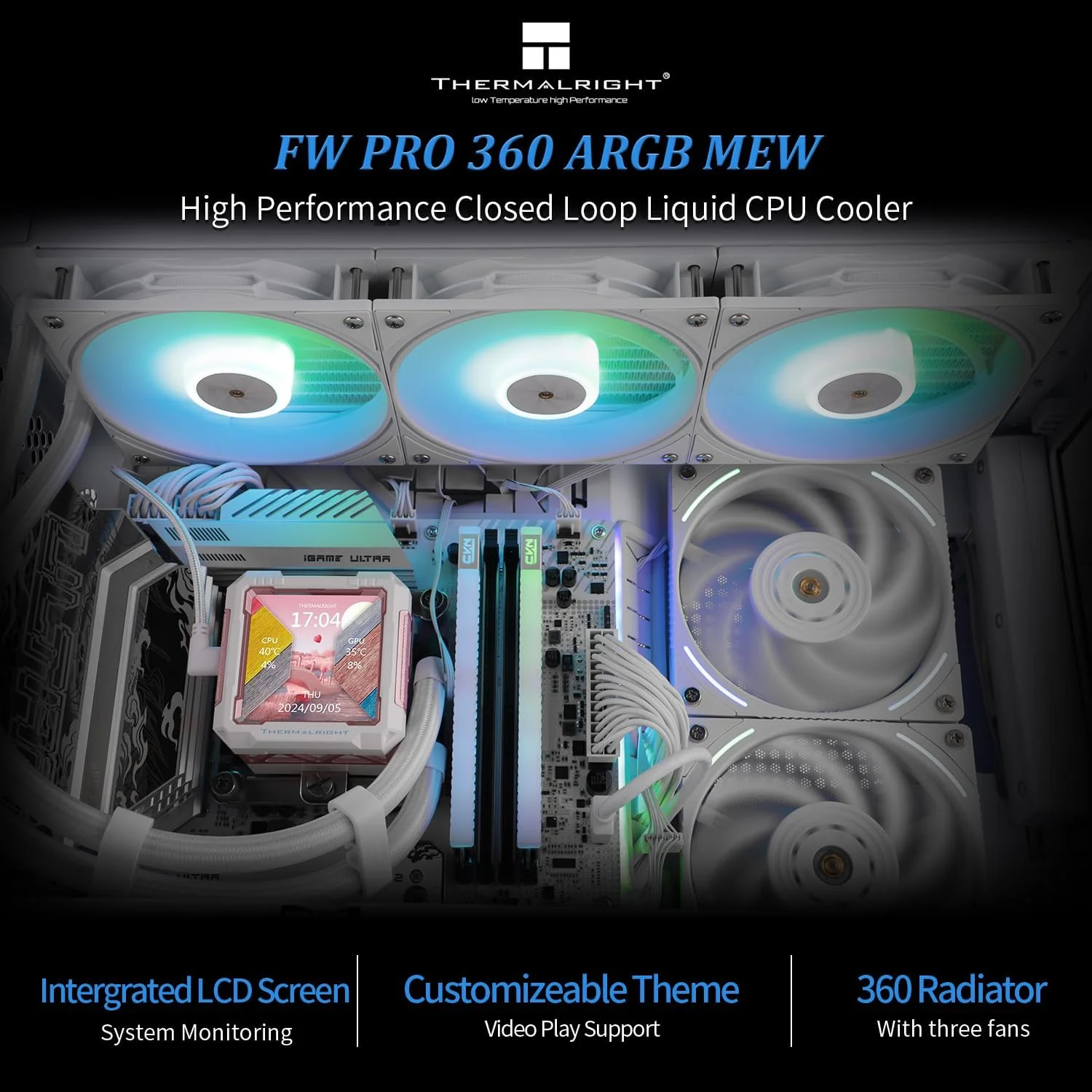 خنک کننده آبی پردازنده Thermalright FW PRO 360 ARGB MEW با فن PWM، سرعت 2000 دور در دقیقه، صفحه نمایش IPS LCD با رزولوشن 320 * 320، خنک کننده مایع پردازنده، برای AM5/Intel 1851/1700، صفحه نمایش 2.73 اینچی