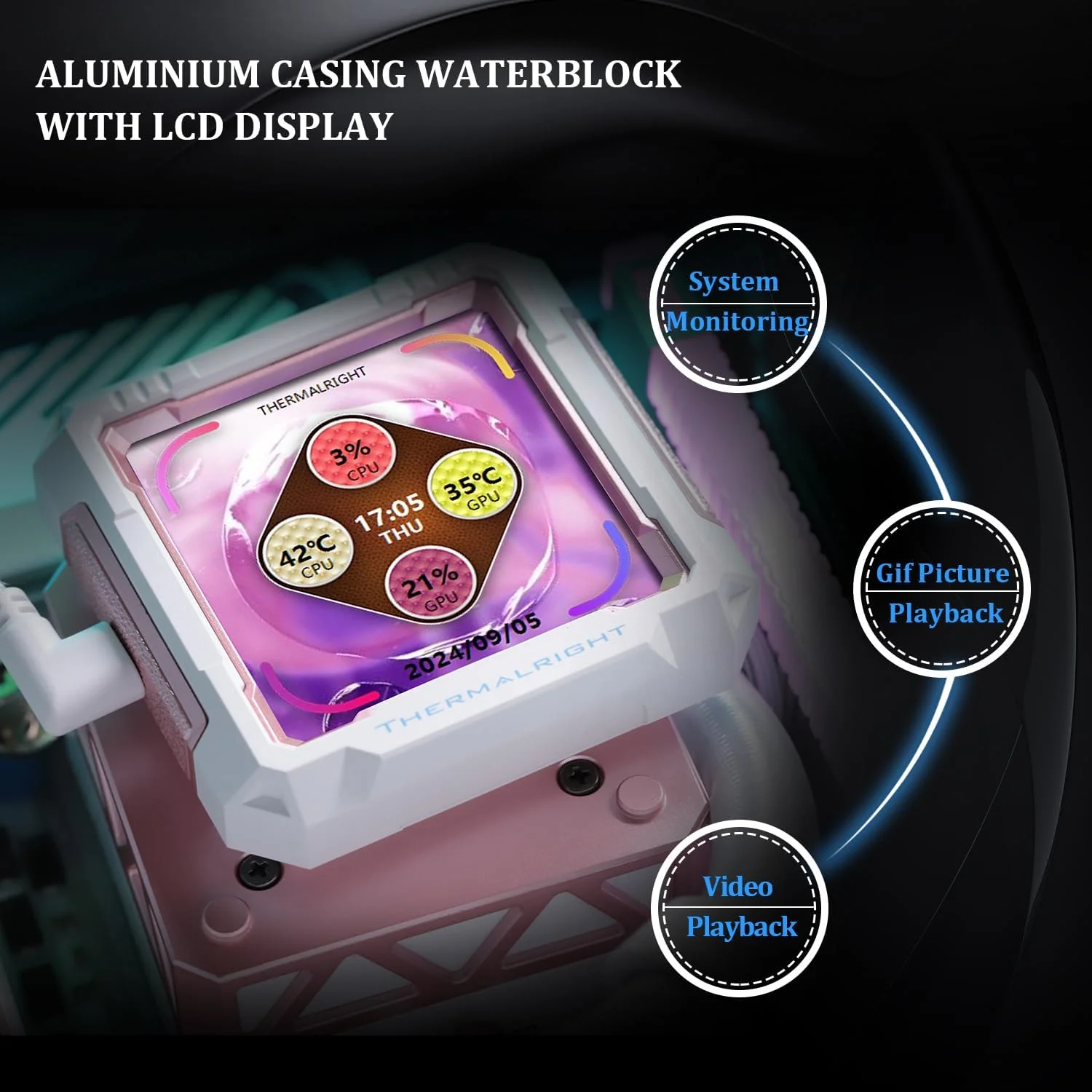 خنک کننده آبی پردازنده Thermalright FW PRO 360 ARGB MEW با فن PWM، سرعت 2000 دور در دقیقه، صفحه نمایش IPS LCD با رزولوشن 320 * 320، خنک کننده مایع پردازنده، برای AM5/Intel 1851/1700، صفحه نمایش 2.73 اینچی