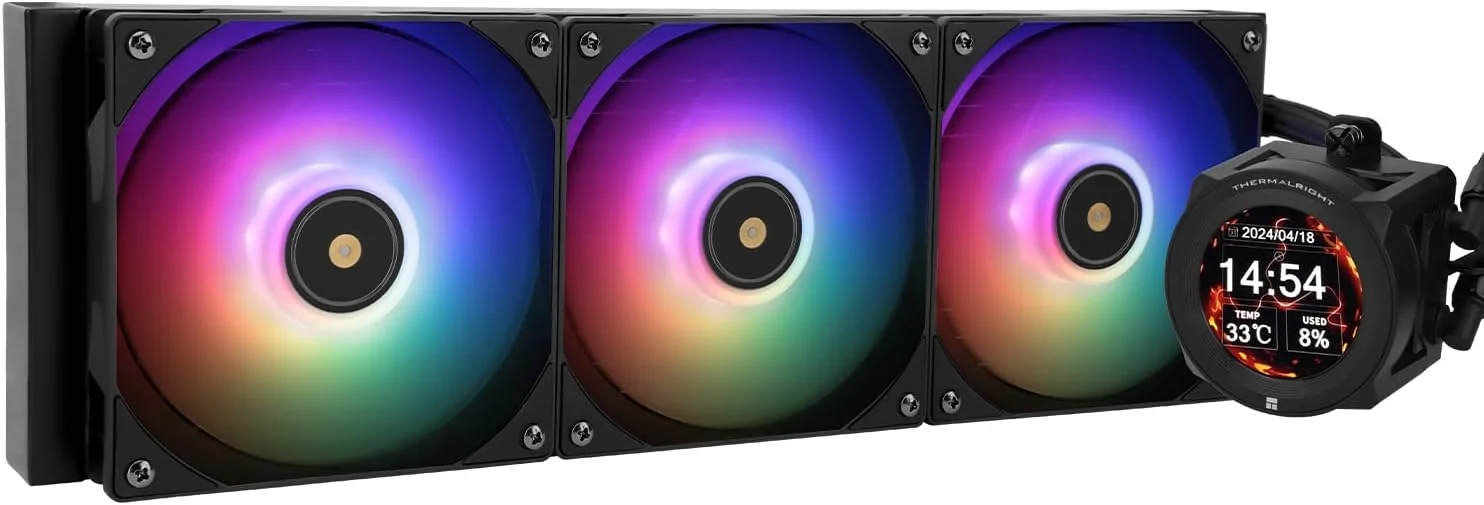 خنک کننده مایع پردازنده Thermalright CORE Vision 360 Black ARGB با فن PWM، سرعت 2000 دور در دقیقه، صفحه نمایش IPS LCD با رزولوشن 480 * 480، خنک کننده مایع پردازنده، برای AM5/Intel LGA1851/1700، صفحه نمایش 2.1 اینچی