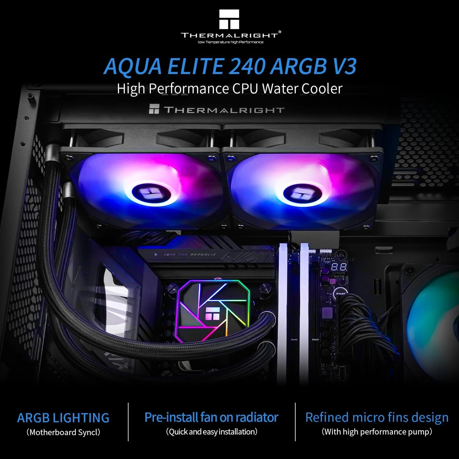 خنک کننده پردازنده مایع Thermalright Aqua Elite 240 V3 Aio، رادیاتور خنک کننده مایع 240، فن های خنک کننده ARGB PWM، برای Intel LGA1150/1151/1155/1156/1200/2011/1700، AMD:AM4/AM5، خنک کننده کامپیوتر Aio