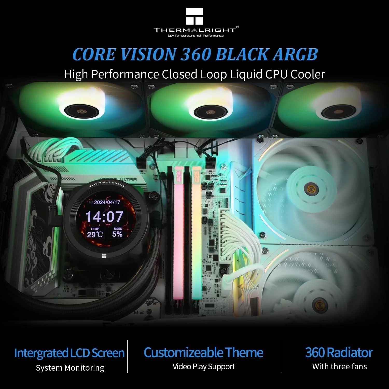 خنک کننده مایع پردازنده Thermalright CORE Vision 360 Black ARGB با فن PWM، سرعت 2000 دور در دقیقه، صفحه نمایش IPS LCD با رزولوشن 480 * 480، خنک کننده مایع پردازنده، برای AM5/Intel LGA1851/1700، صفحه نمایش 2.1 اینچی