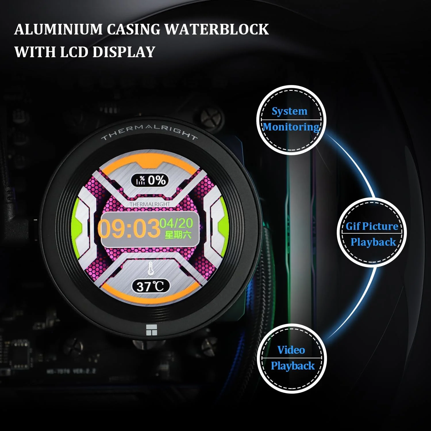 خنک کننده مایع پردازنده Thermalright CORE Vision 360 Black ARGB با فن PWM، سرعت 2000 دور در دقیقه، صفحه نمایش IPS LCD با رزولوشن 480 * 480، خنک کننده مایع پردازنده، برای AM5/Intel LGA1851/1700، صفحه نمایش 2.1 اینچی