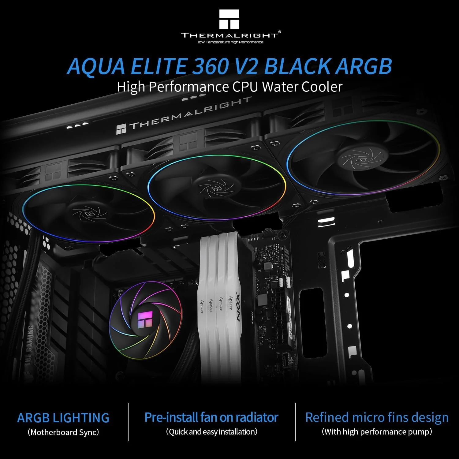 خنک کننده آبی پردازنده THERMALRIGHT Aqua Elite 360 ARGB V2، خنک کننده آبی 360 Aio، 3 عدد فن 120 میلی متری PWM، بلبرینگ S-FDB، جلوه روزنه ARGB، برای AMD/AM4/AM5، Intel LGA1150/1151/1200/2011/1700/2011